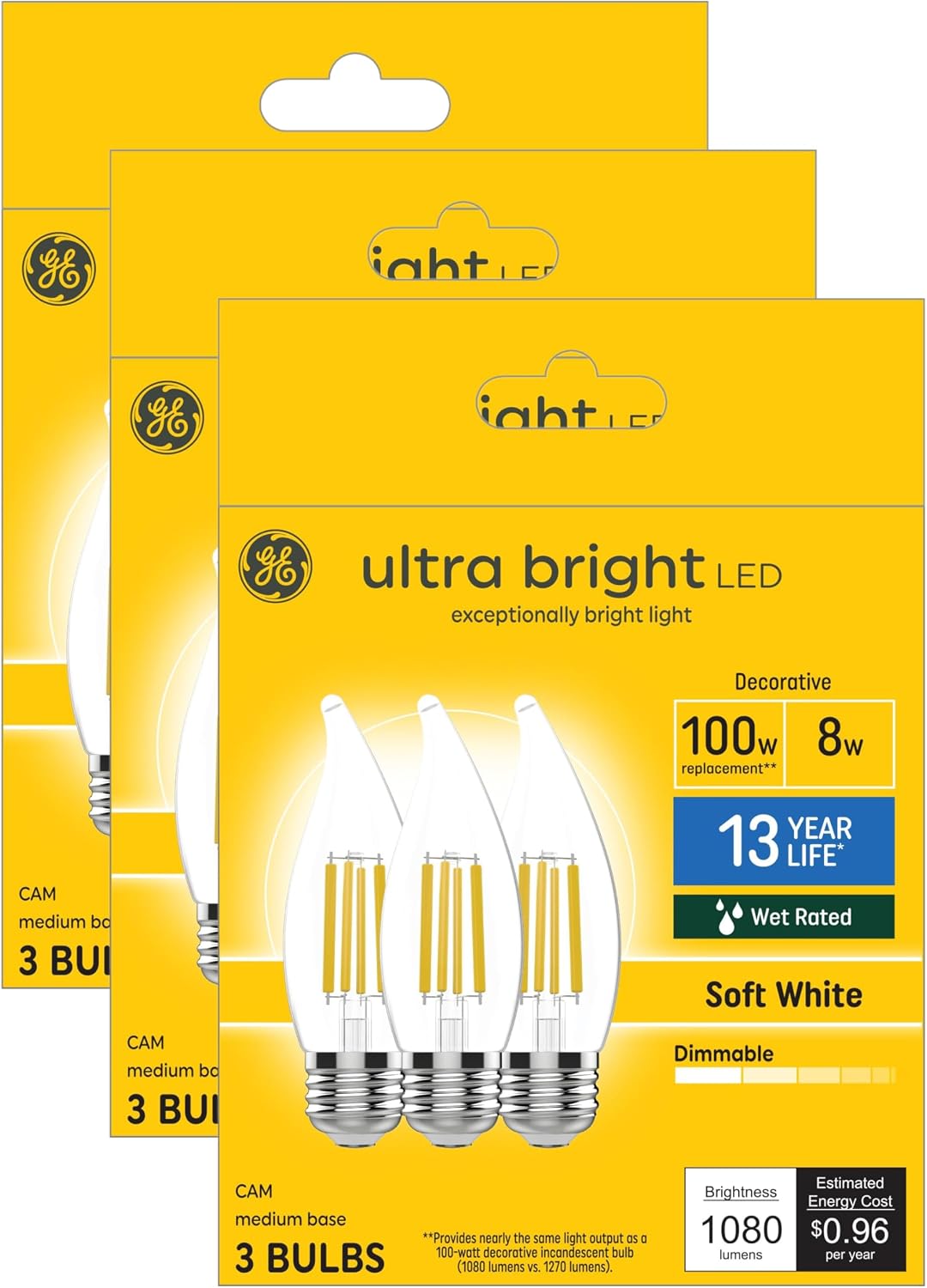 GE Ultra Bright LED Light Bulbs, 100W, Daylight Candle Lights, Frosted Decorative CA12 Light Bulbs, Candelabara Base (8 Pack)