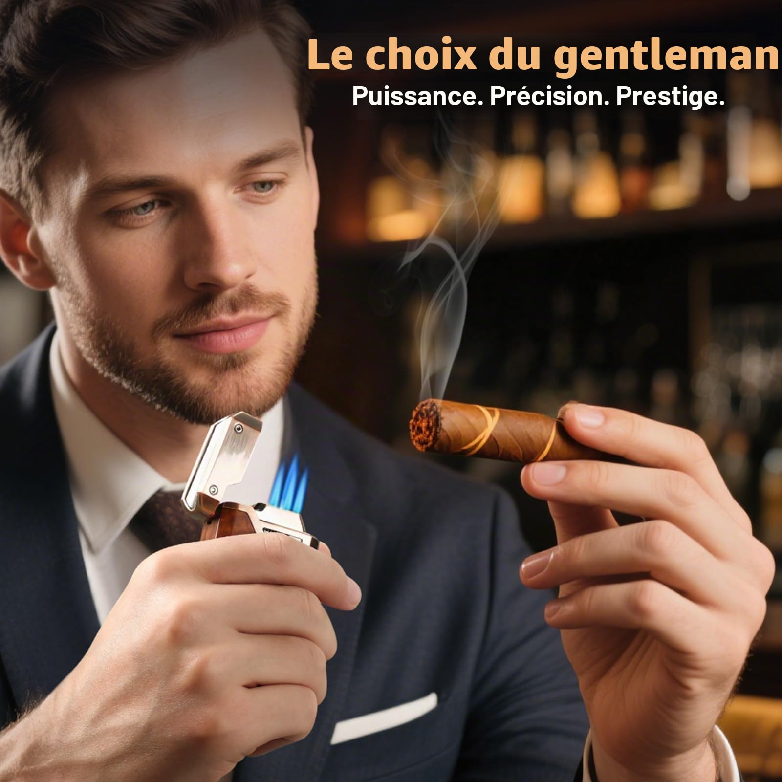 Joyoldelf Briquet torche à quatre flammes – Briquet jet butane rechargeable coupe-vent avec cutter, poinçon et fenêtre de carburant (sans butane) – Cadeau de qualité supérieure pour homme, fumage en