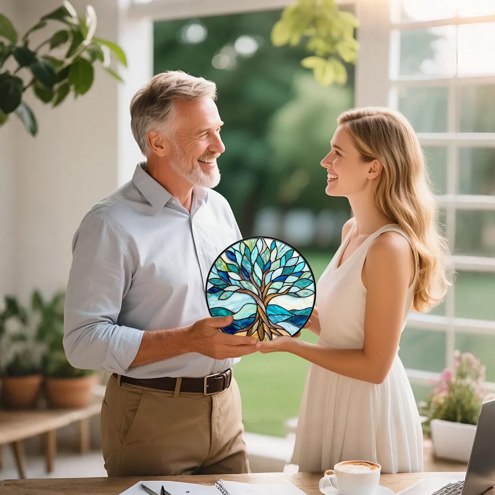 Atrapasueños colgante de ventana con diseño de árbol de la vida, atrapasueños costeros azul océano con olas rodantes, regalo de decoración del hogar de cristal para mujeres, madre jardineras