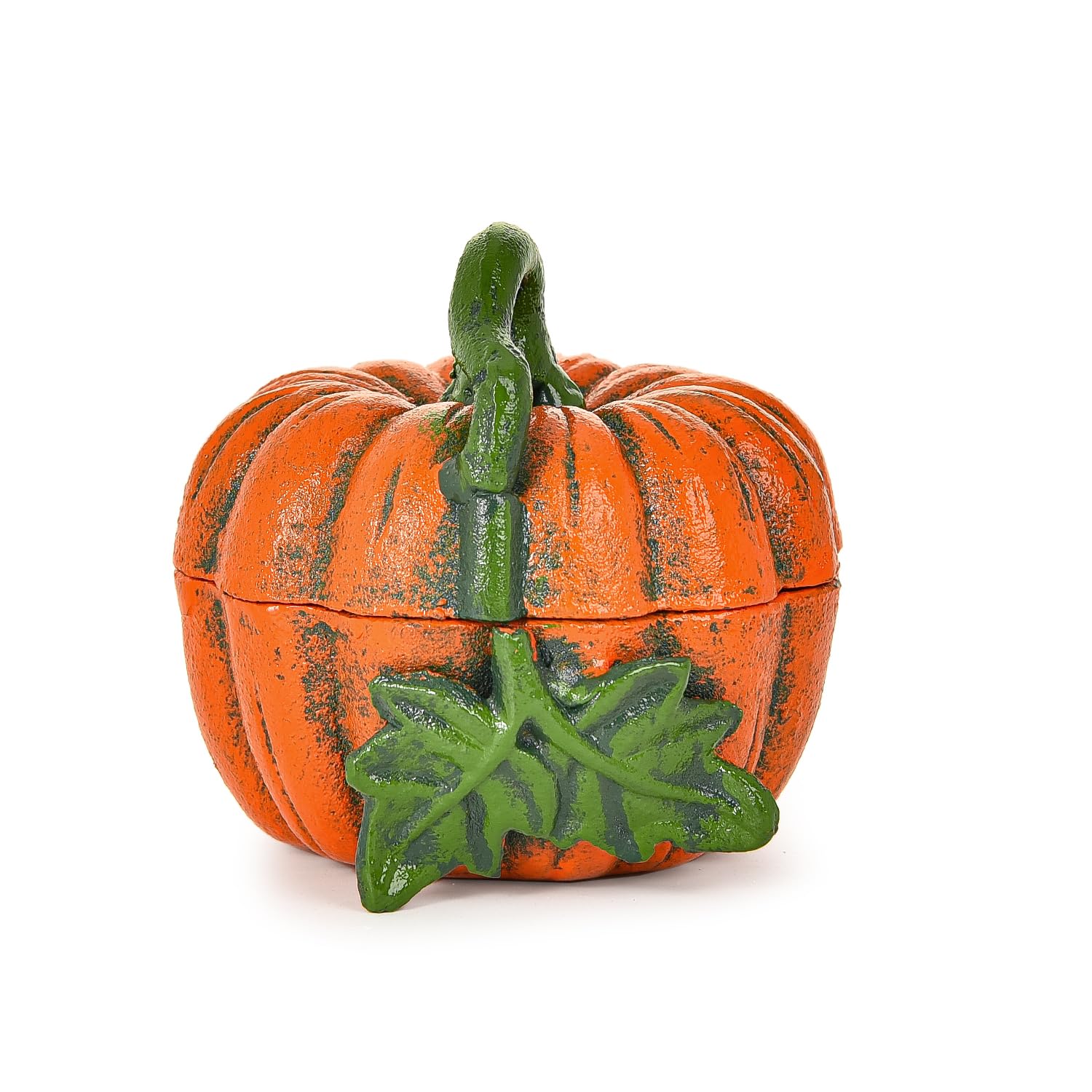 Sungmor Cast Iron Pumpkin-Shaped Trinket Box - Rustic Decorative Container with Lid, Vintage Fall Home Décor Accent - Hand-Painted Small Storage Jar for Halloween, Thanksgiving - Ornage Finish