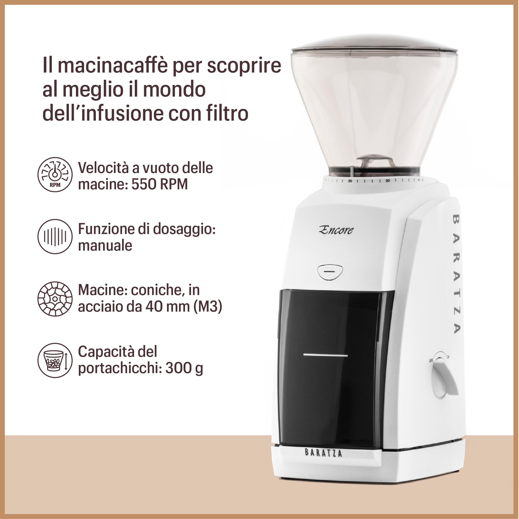 Baratza - Macinacaffè Encore 230V - Elettrodomestici per la Casa, Macina Caffè Elettrico per Caffè in Grani - Grinder con 40 Regolazioni, Nero