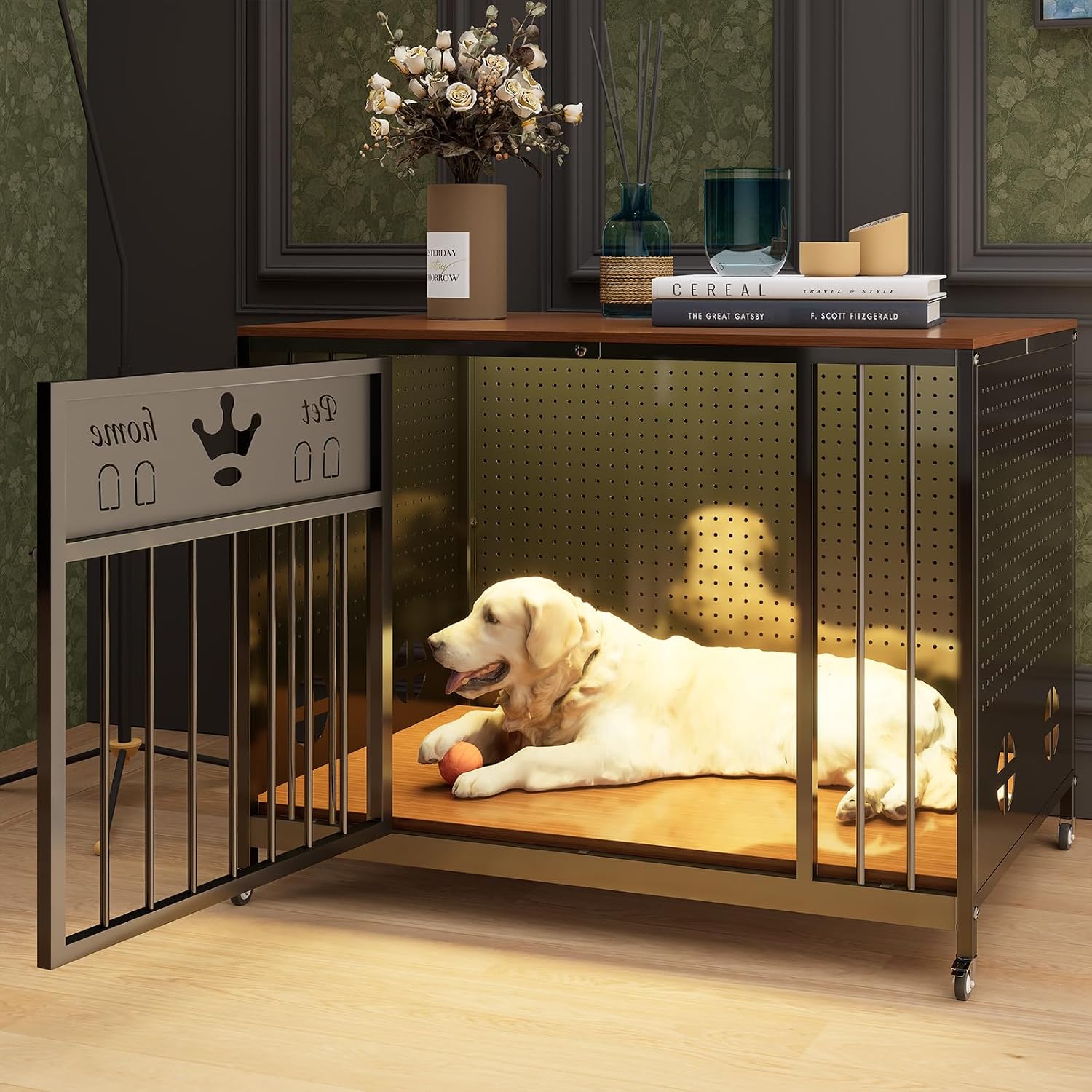 39"Iron Pegboard Dog Kennel Furniture with Solid Wooden Top & RGB LED Light