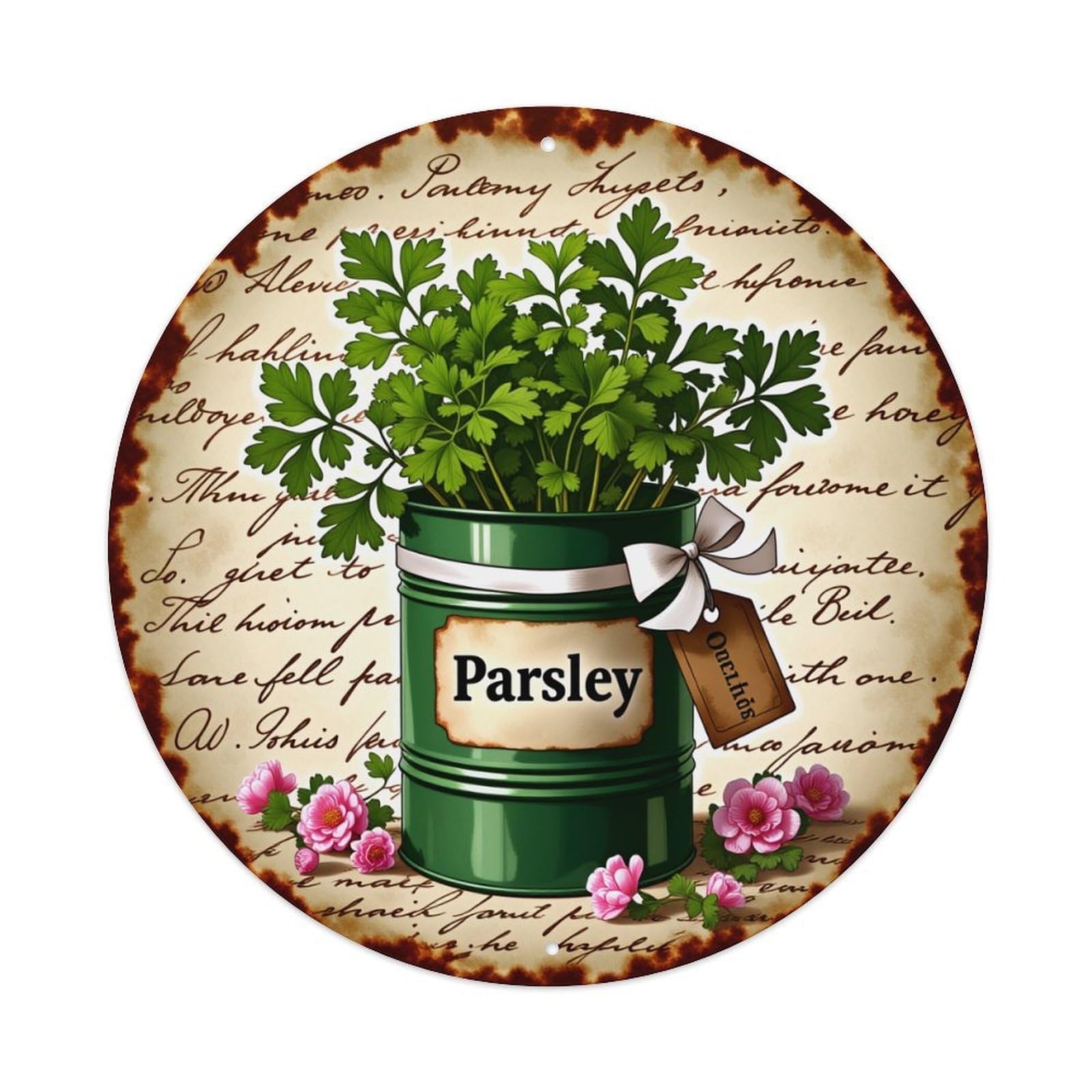Parsley Herb Jar Vintage Script Round Tin Sign Vintage Metal Poster, Home Bar Garage Man Cave Cafe Indoor & Outdoor Wall Decoration 8x8Inches