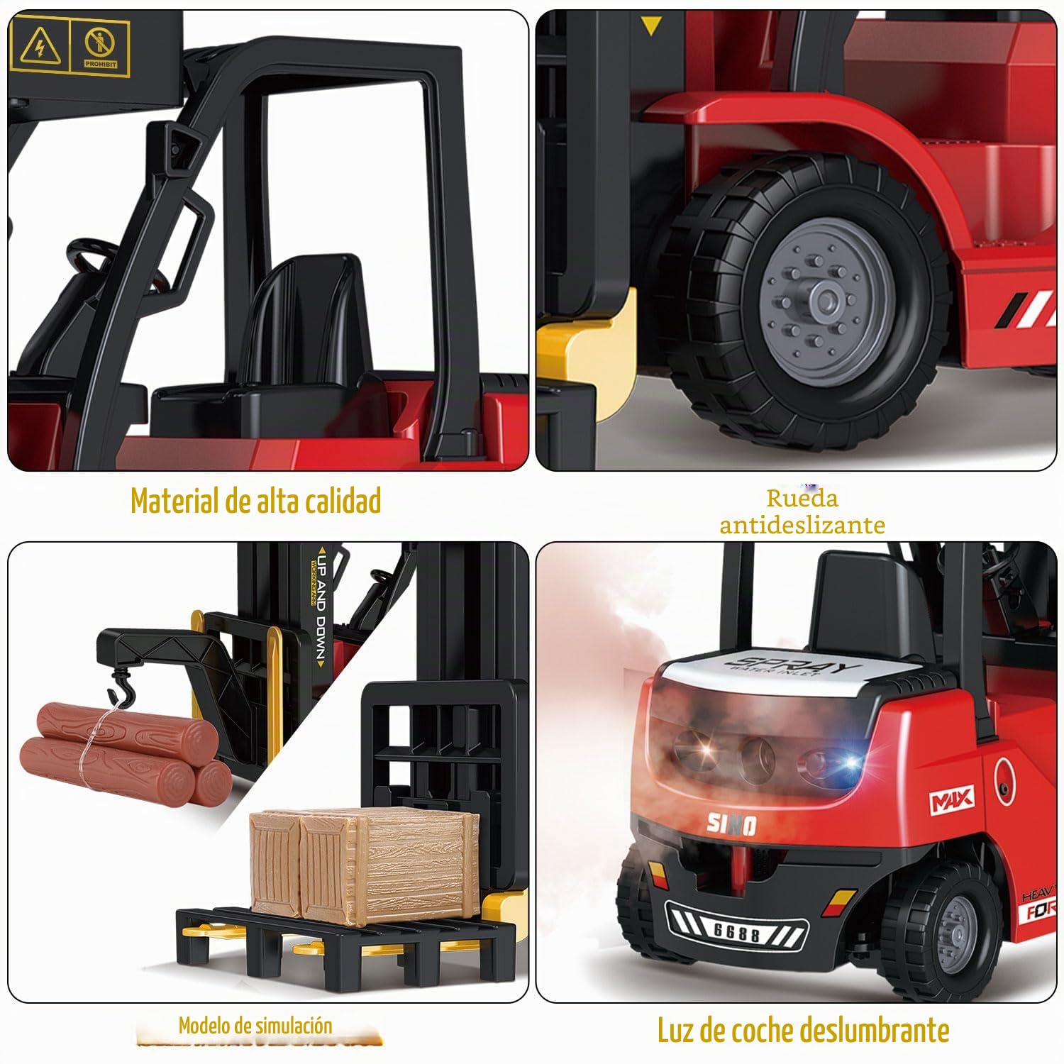 Mostop Carretilla elevadora teledirigida, juguete 1/24 Rc carretilla elevadora de juguete, con cajas/arcilla y spray luminoso, dos baterías recargables y cargador, técnica de juguete de coche