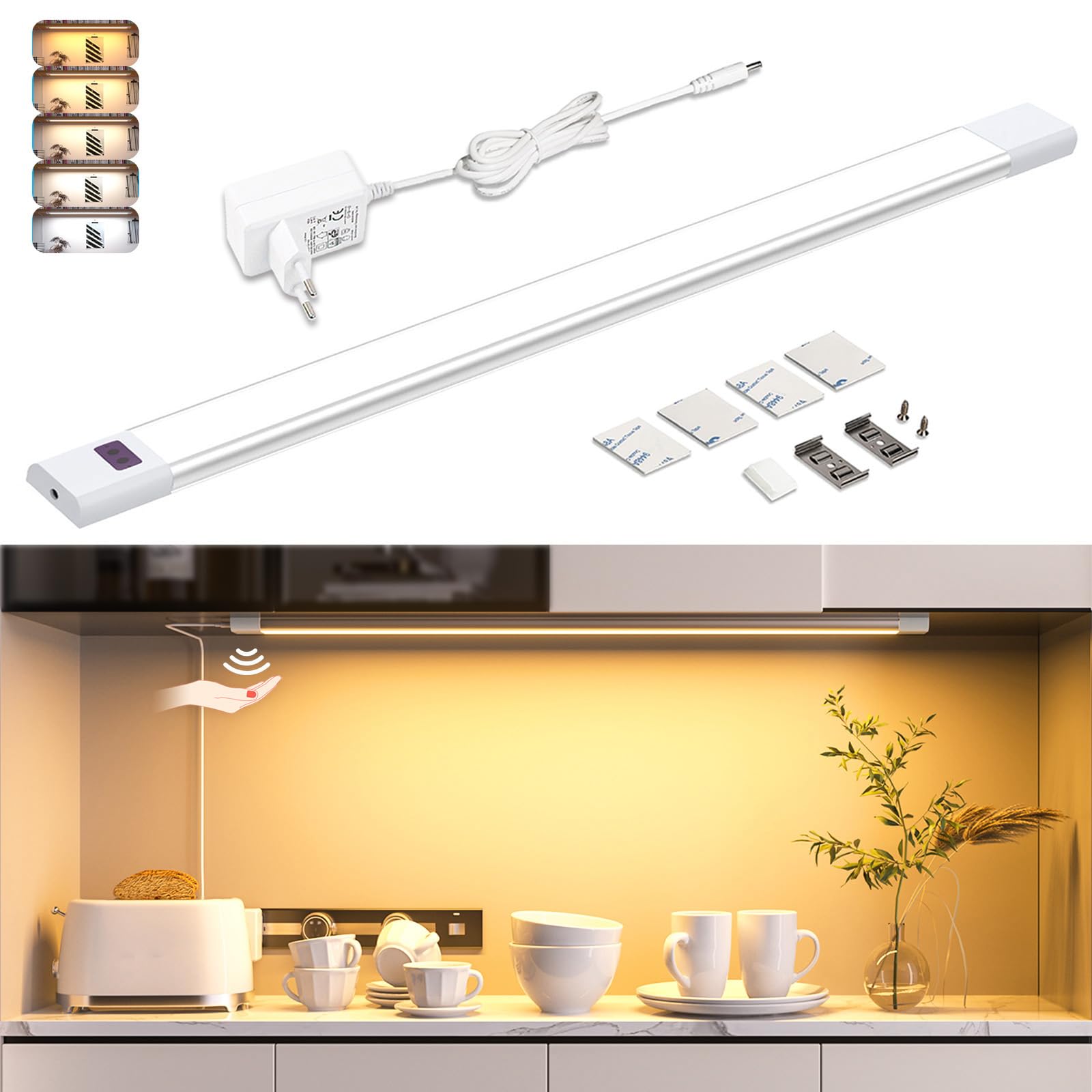 WOBANE 60cm Unterbauleuchte LED Dimmbar,5 Lichtfarben,Heller LED Lichtleiste mit Berührungsloser Sensor,LED küchenbeleuchtung unterbau,Unterschrank Beleuchtung für Regale,Werkbank