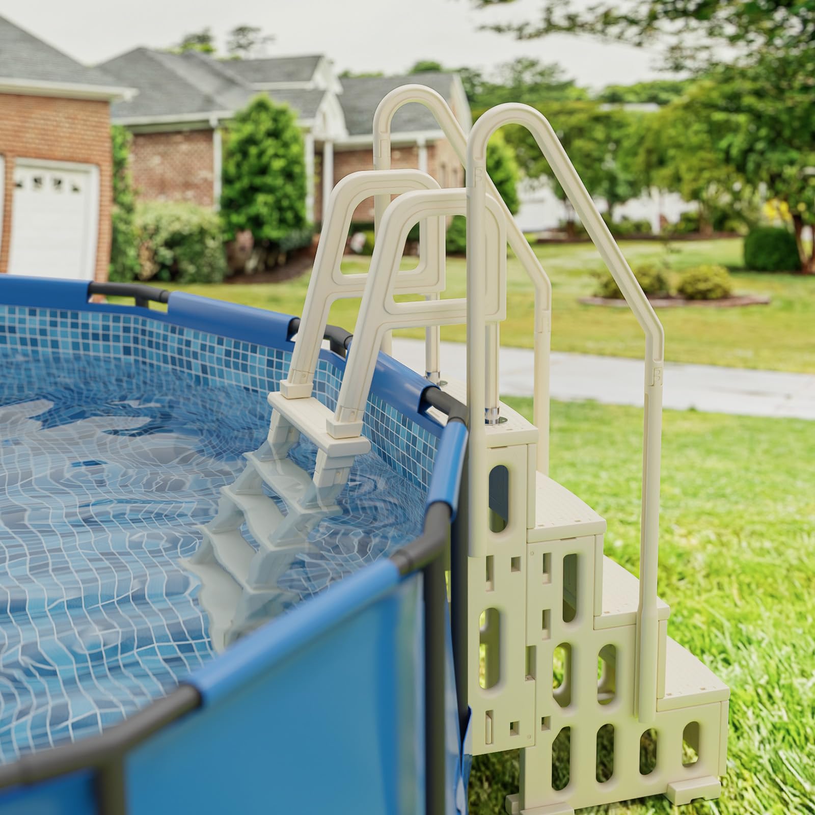 BONNLO Ensemble Escaliers de Piscine Double 4+5 Marches, PE, Blanc Cassé, Échelle de Piscine Creusée et Hors Sol 122-137 cm, Anti-Dérapant, DIY Combiné