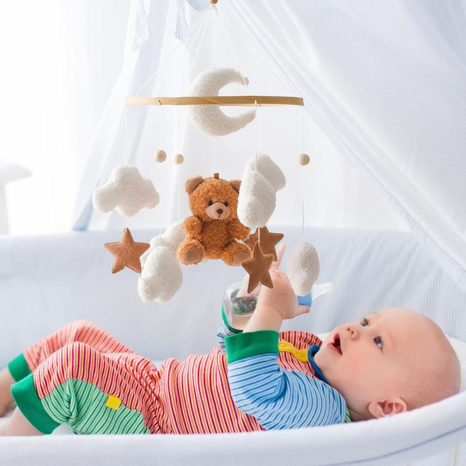 Mobile Pour Lit Bébé - Décor Mobile Étoile Ours,Doudou Sensoriel Romantique Tourne 360° pour Fille Garçon Enfant Berceau Chambre | Fille Garçon Chambre