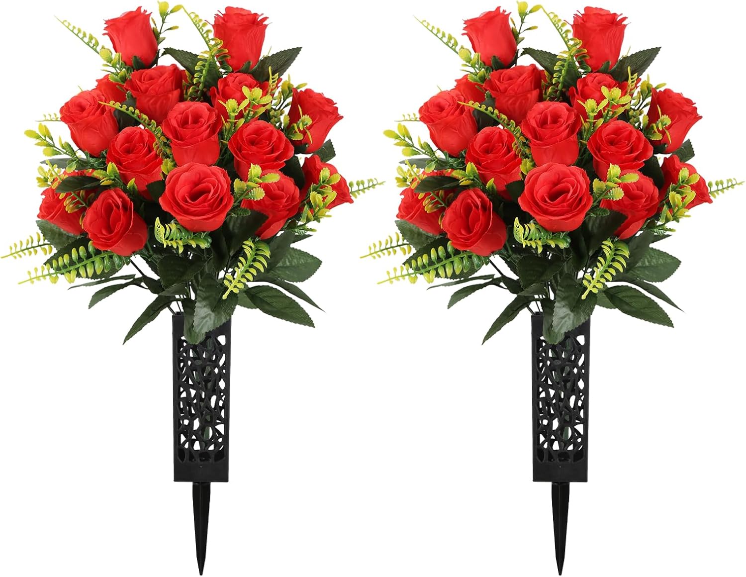 4 Bouquets White Artificial Cemetery Flowers with 2 Vase, Fake Rose Grave Flower for Cemetery Headstones Memorial Outdoor Decorations(White