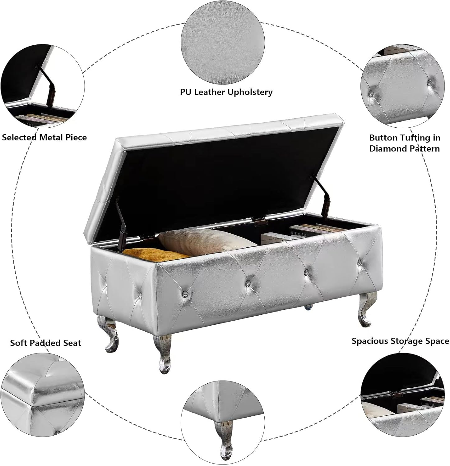 Betoko PU Storage Bench End of Bed 38.9" Faux Leather Bedroom Ottoman Bench with Storage Button Tufted Window Seating Benches Upholstered Rectangle Footrest Stool for Living Room Entryway (Silver pu)