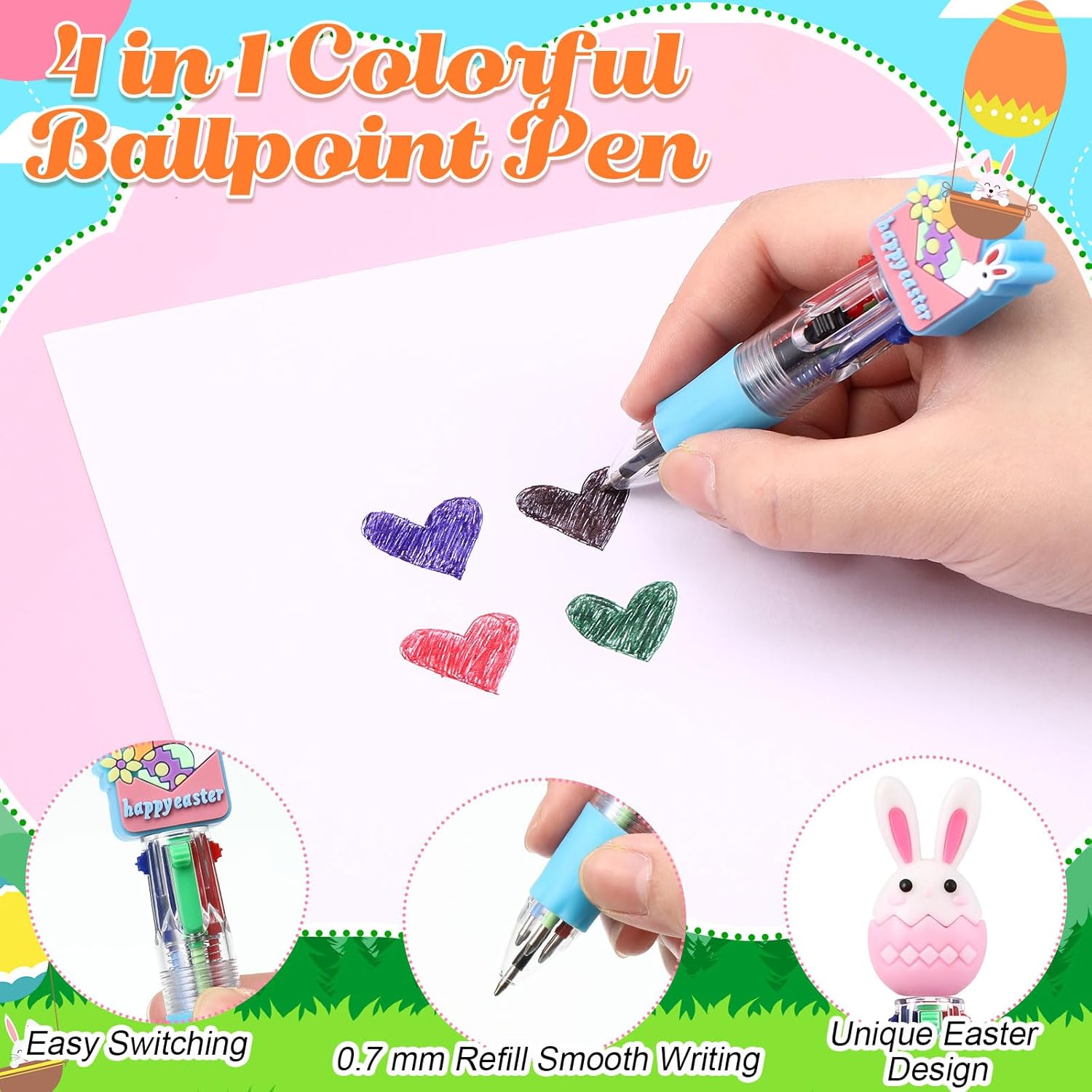 Gilprop 50 Pcs Multicolor Easter Ballpoint Pen Bulk 4 in 1 Retractable Cartoon Bunny Gnome Eggs Ballpoint Writing Pens for Easter Basket Stuffers Spring Party Supplies Favors Exchange Gifts Rewards
