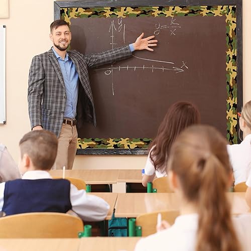 Miniatura 5 de Bordes de tablero de anuncios de camuflaje de 99 pies, color verde, negro y marrón, borde de tablero de anuncios de camuflaje para escuela, aula,