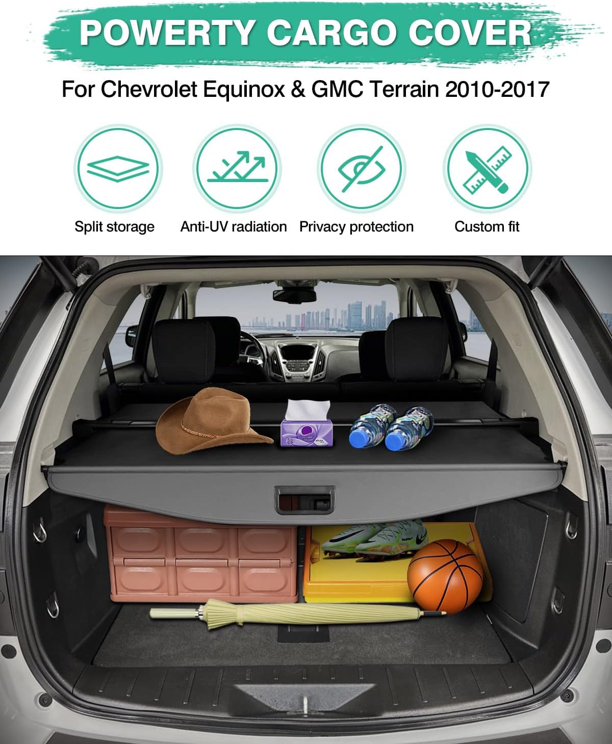 powerty cargo cover for chevy chevrolet equinox & gmc terrain 2010-2016 2017 accessories retractable trunk cover rear trunk security shielding shade luggage cover no gap 2010-2017 | chevy equinox/gmc terrain