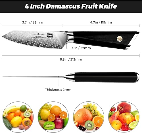 Miniatura 5 de SHAN ZU Cuchillo de pelar de Damasco Cuchillo de Frutas Cuchillo de Cocina Profesional de 4 pulgadas, Cuchillo Japonés de Damasco de Acero de Alto