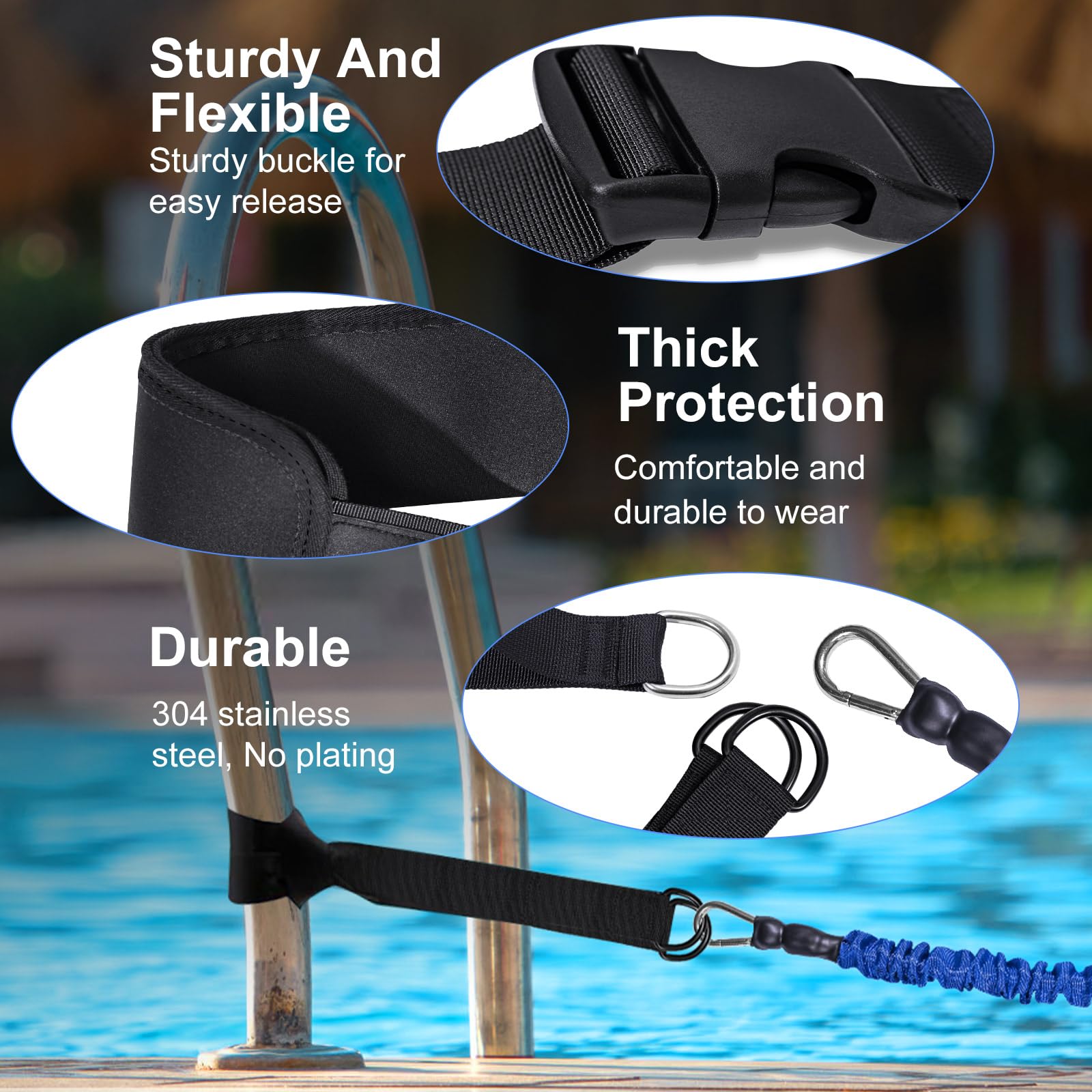 Sangle de Natation pour Piscine - Entraîneur de Natation Professionnel avec résistance réglable de 2,5 à 7,5 m - Ceinture d'entraînement pour Adultes- Entraînement de Piscine sans système - 5