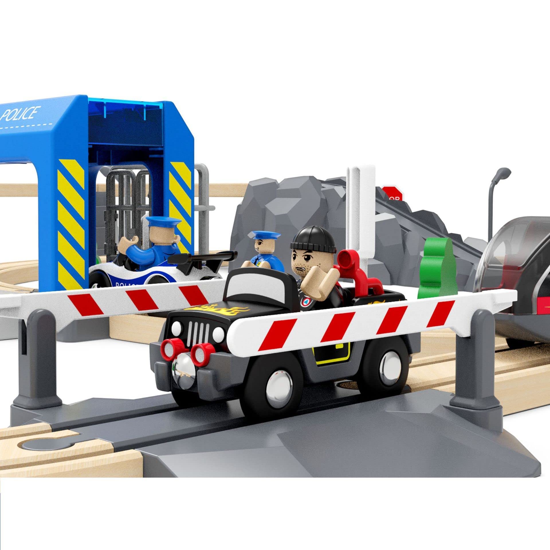 TOPLIVING Accesorios para carriles de madera, estación de policía, compatible con todos los carriles de ferrocarril, paquete de ampliación para niños a partir de 3 años