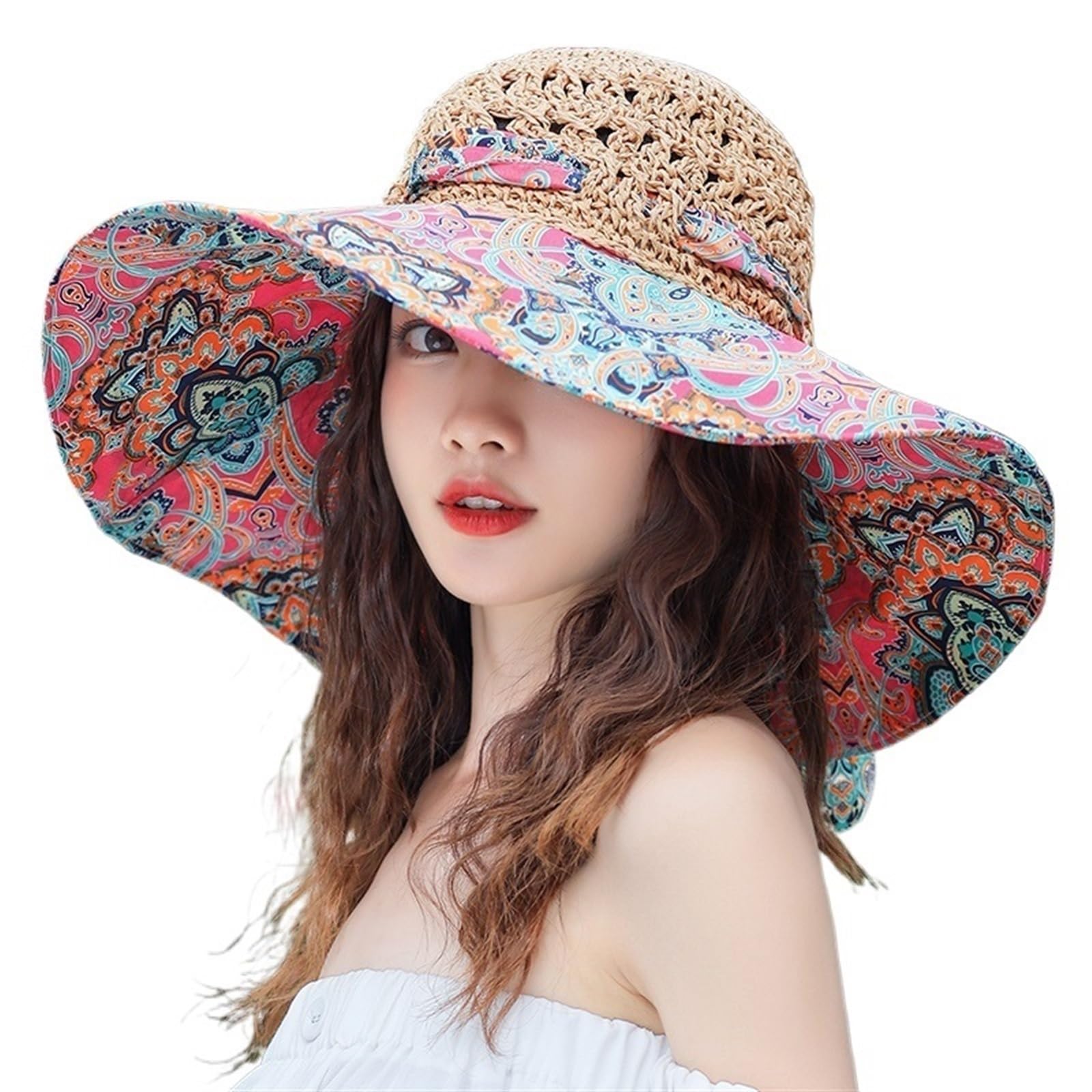 Cappello estivo da donna, pieghevole, in paglia, Panamas, protezione UV, visiera parasole, mare, spiaggia, cappello estivo
