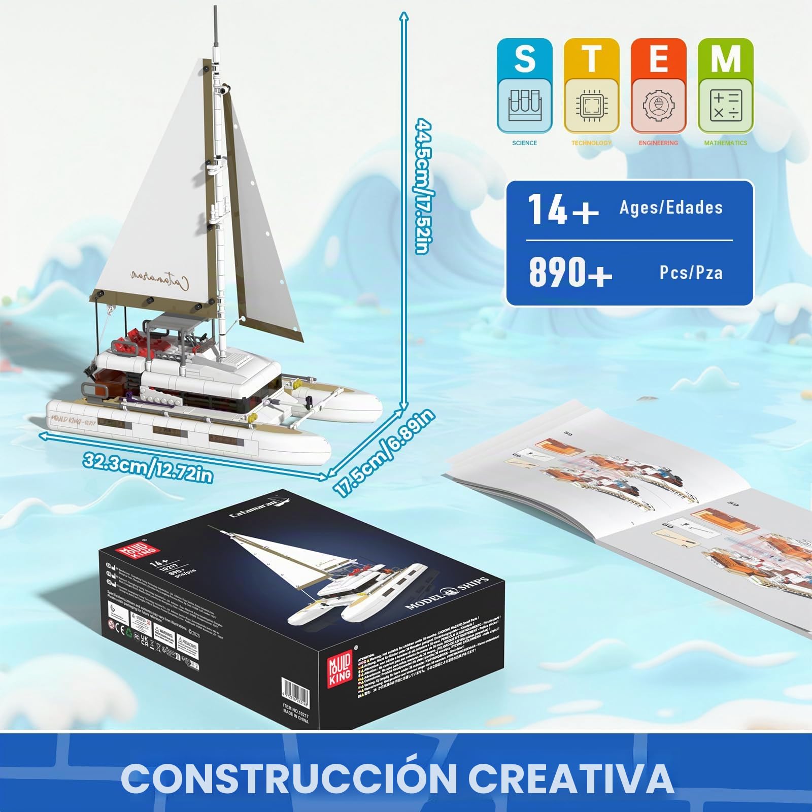 Mould King 10217 Bloques de sujeción Bloques de construcción de buques Velero Catamarán Barco Juguete con Velas de Tela y Zona de tomar el sol Compatible con Otras Marcas (893 piezas)