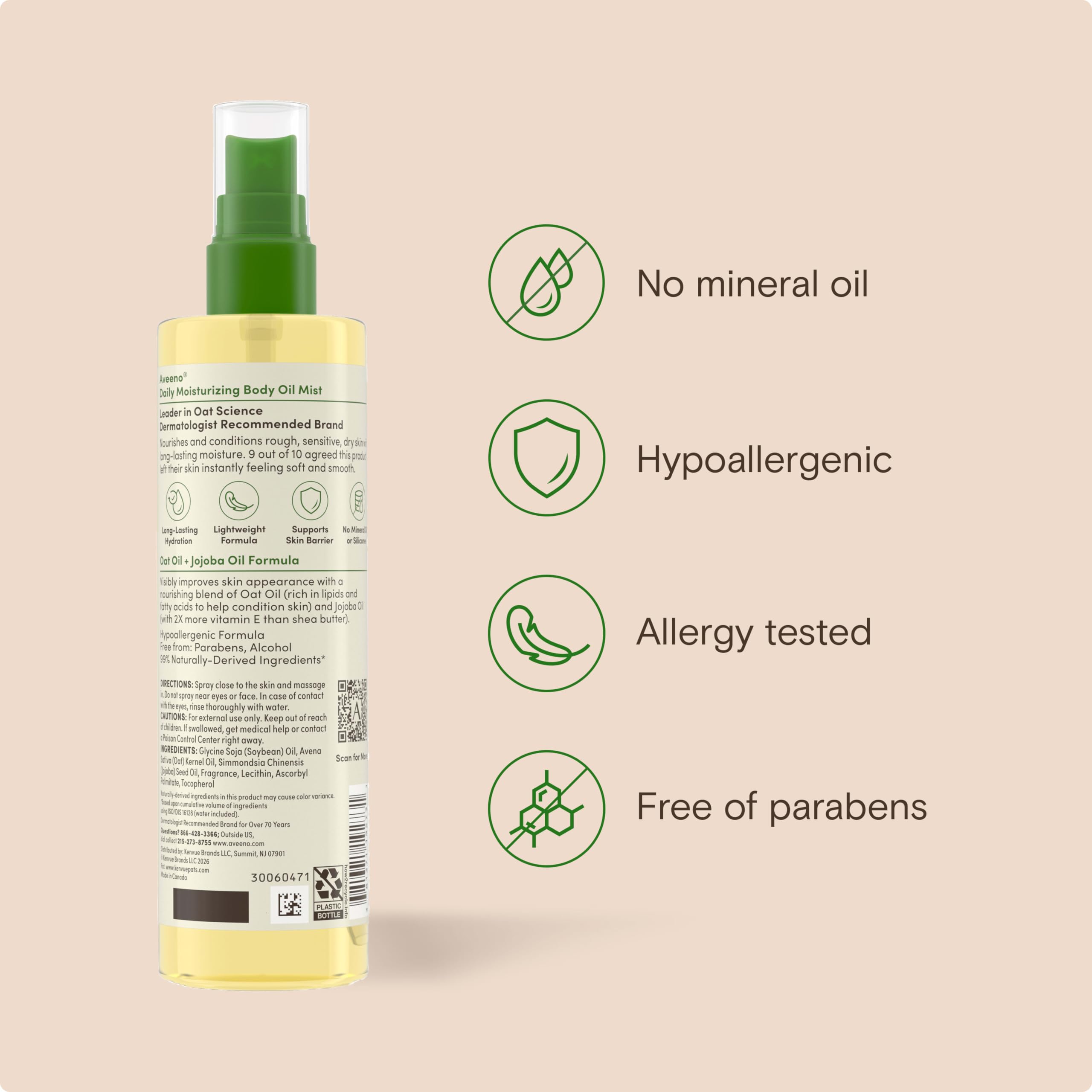 Aveeno Günlük Nemlendirici Kuru Vücut Yağ Sisi, Yulaf ve Jojoba Yağlı Kuru, Kaba Hassas Ciltler, Besleyici ve Hipoalerjenik Vücut Spreyi, Paraben, Silikon ve Ftalat İçermez, 6.7 ml