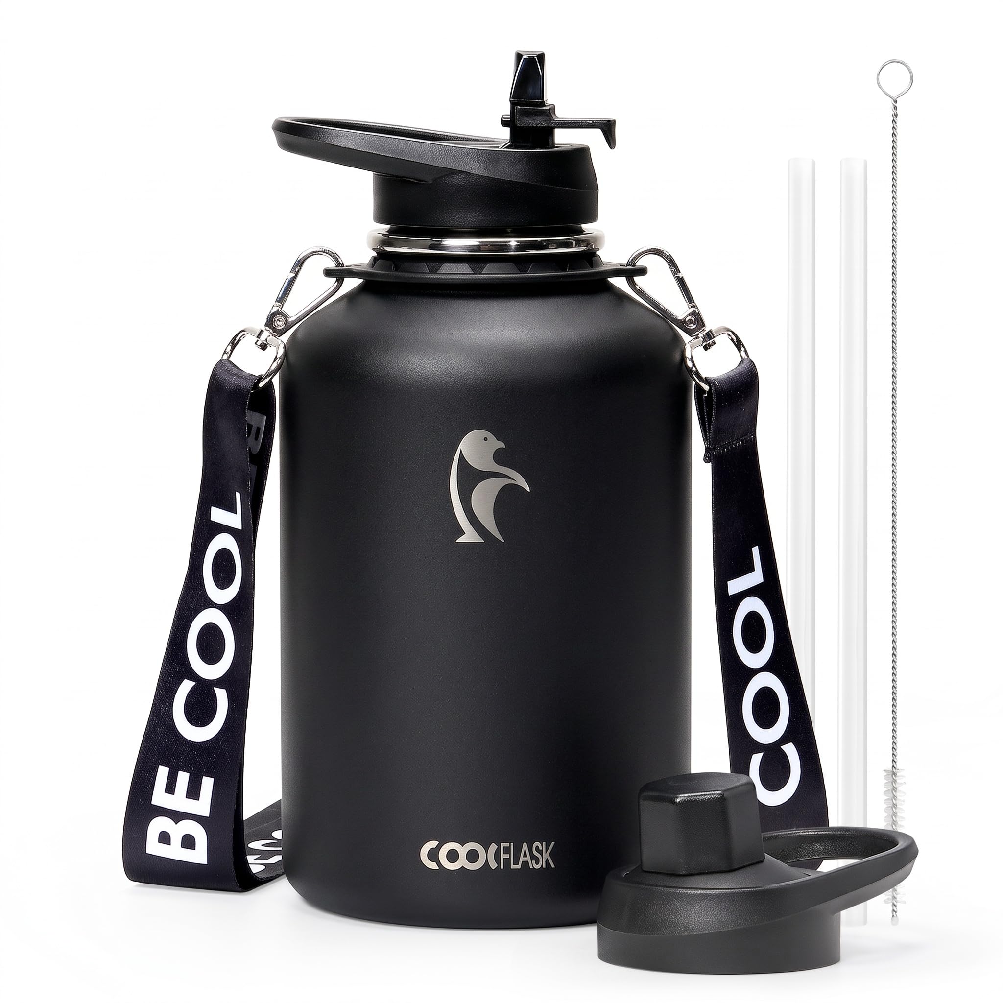 Coolflask Isolierte Wasserflasche 1893 ml mit Riemen, Wasserkrug aus Edelstahl mit Strohhalm und Ausgussdeckel, Große Wasserflasche aus Metall, Auslaufsicher und BPA-frei, Schwarz