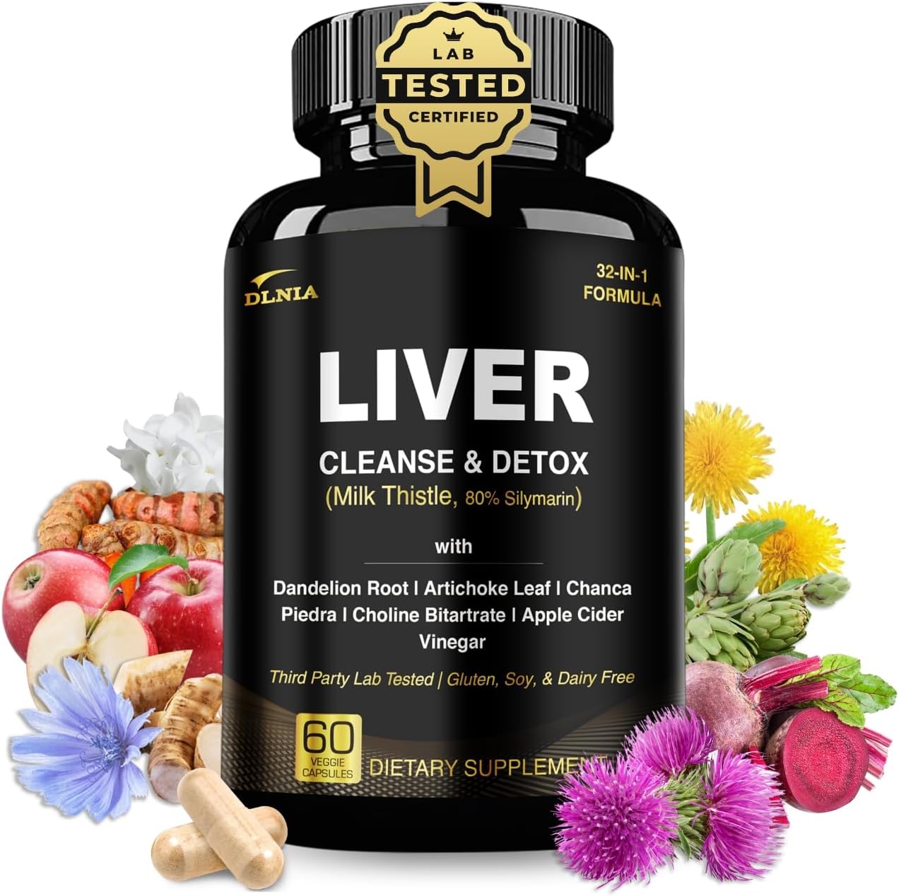 32 in 1 Liver Cleanse Detox & Repair Formula with Apple Cider Vinegar, Milk Thistle Supplement, Artichoke, Dandelion Root Supplement – Non-GMO & Vegan Herbal Liver Support & Repair