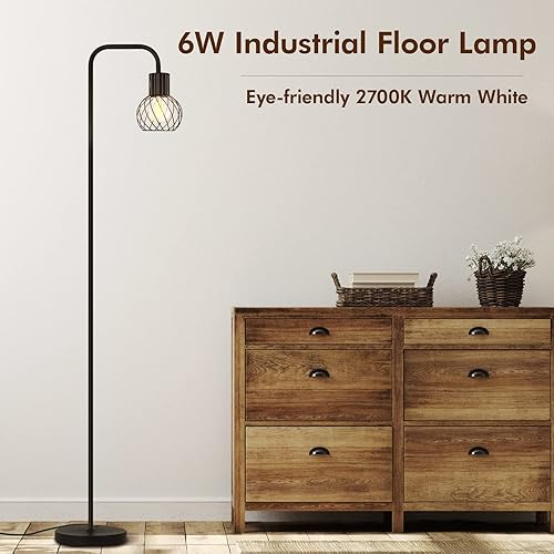 Miniatura 10 de Lámpara de pie industrial, lámpara de pie plateada antigua moderna con bombilla LED de 6 W, interruptor de pie, lámparas altas de metal para sala de