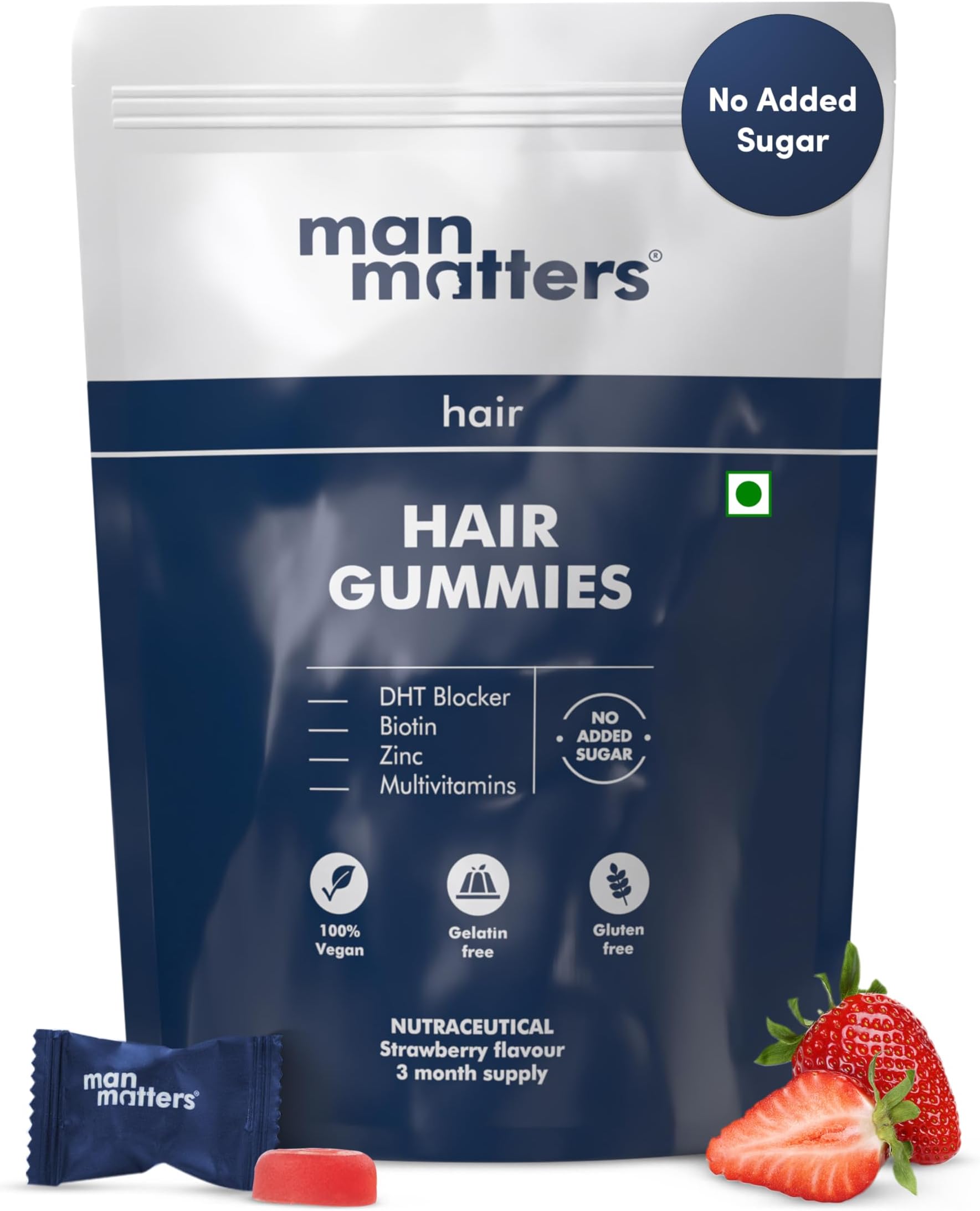 Man Matters Biotin Hair Gummies | 90 Day Pack | Biotin, DHT Blockers, Vitamin A, C, E, Fibre & Zinc | For Stronger and Healthier Hair | Strawberry Flavour | 100% Vegan & Gut Friendly