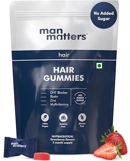 Man Matters Biotin Hair Gummies | 90 Day Pack | Biotin, DHT Blockers, Vitamin A, C, E, Fibre & Zinc | For Stronger and Healthier Hair | Strawberry...