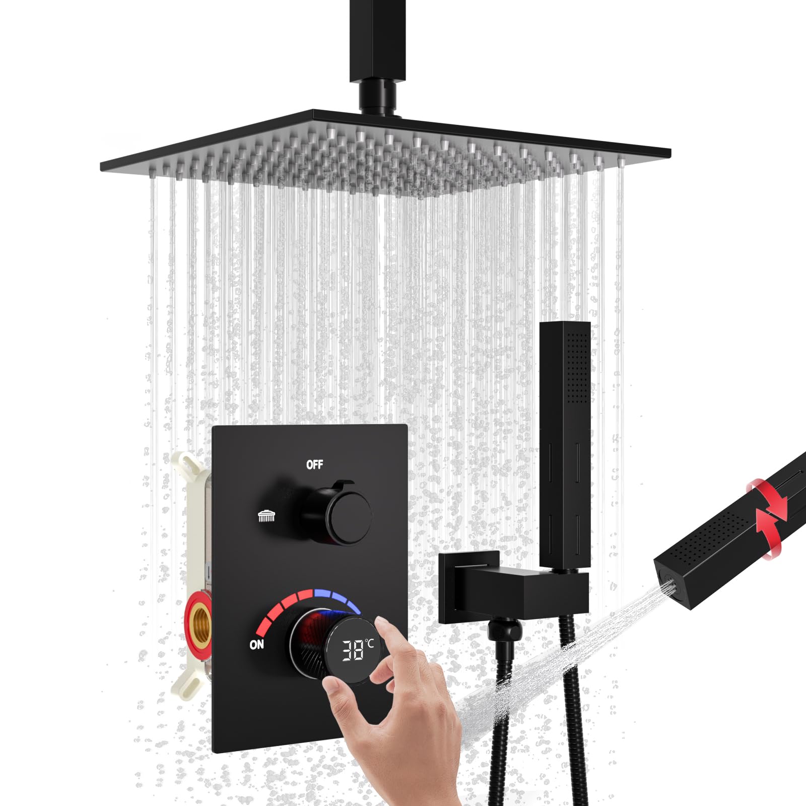 Temperature Display Shower System, Ceiling Mount 10 Inch Shower Head with 2 in 1 Handheld Shower Faucet Set, Matte Black