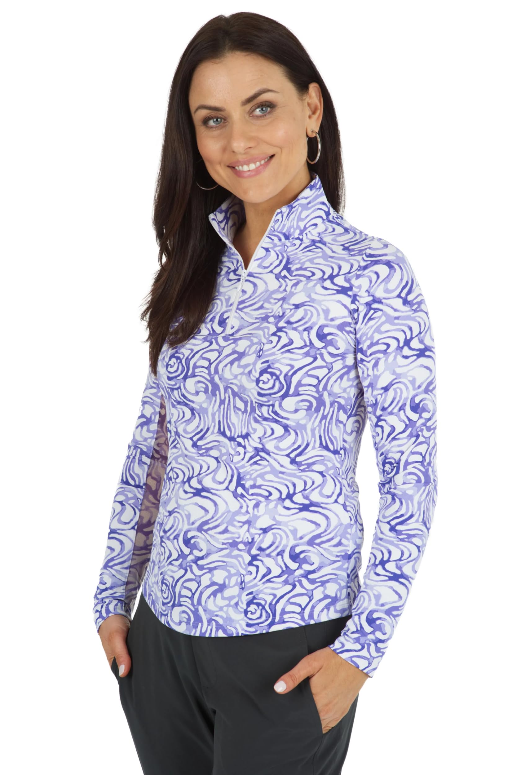 IBKULAthleisure Wear Sun Protective UPF 50+ Icefil Cooling Tech Kinsley Print Long Sleeve Mock Neck Top – 10485
