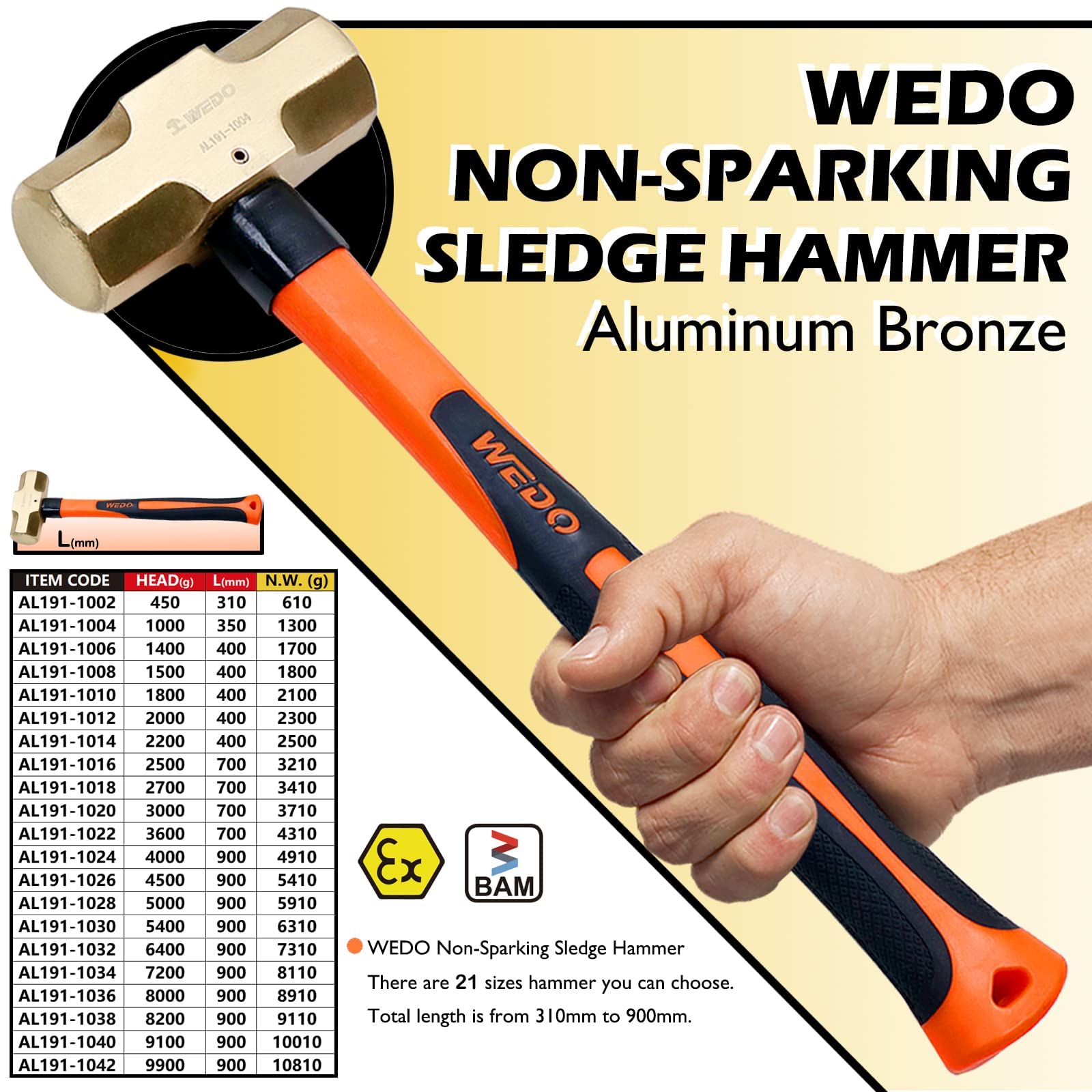 WEDO Martillo de trineo sin chispas con mango de fibra de vidrio, martillo antiexplosión, antideslizante, bronce de aluminio, BAM/FM/DIN estándar, 12,5", 450 x 310 mm
