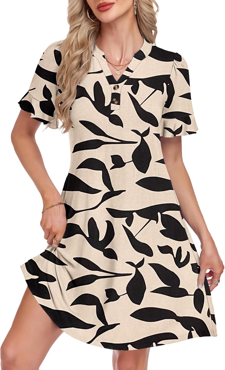 MOLERANI Womens Summer Casual Dress 2026 V Neck Short Sleeve Ruffled Mini Button Dresses with Pockets Beach Vacation Outfits