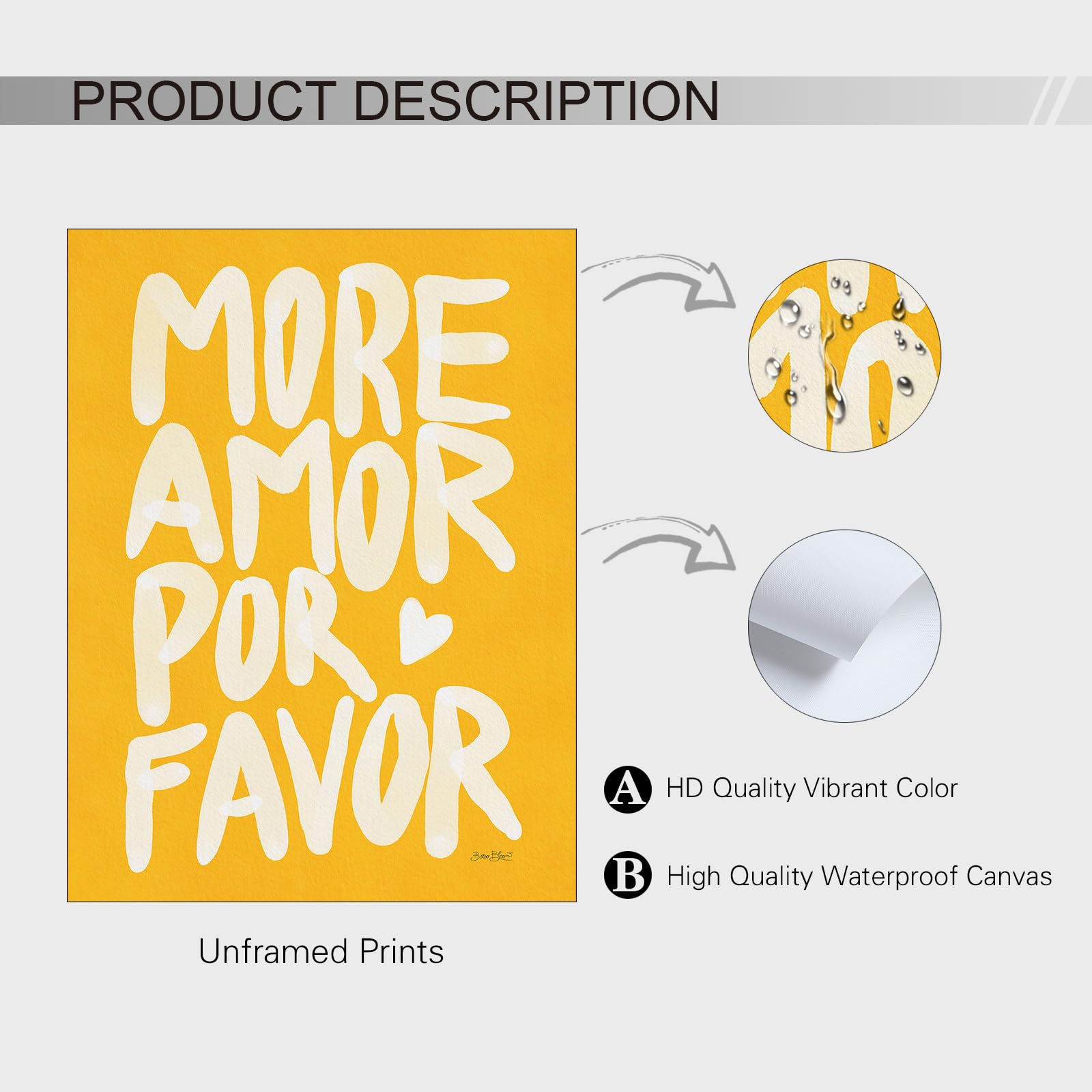 Poster Motivazionale WOFUPMY More Amor Por Favor - Stampe Su Tela Gialla 40x60 Cm, Senza Cornice, Per Camera Da Letto