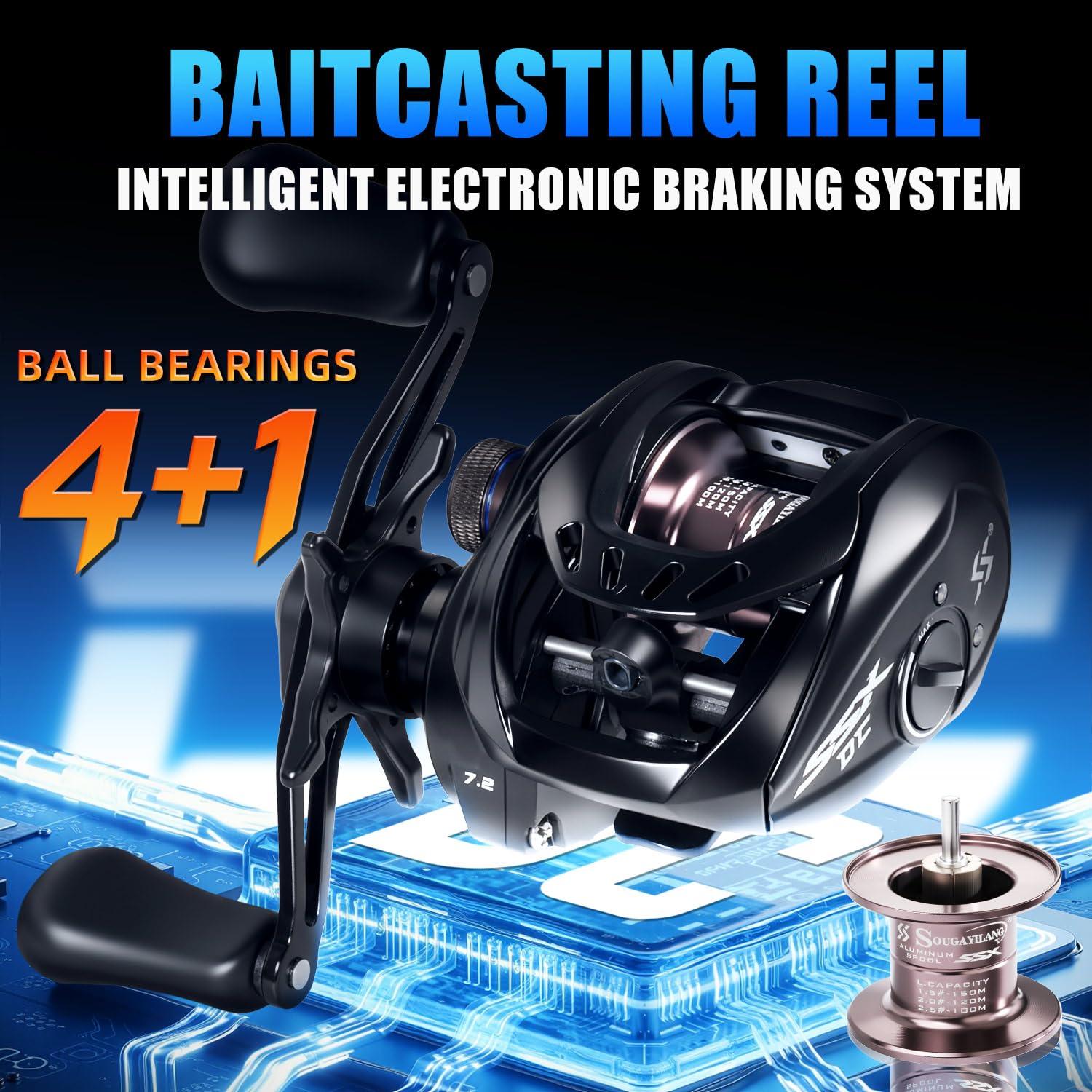 Sougayilang SSX-DC Baitcasting-Rolle–Digitales Bremssystem mit Mikrocomputersteuerung, kompaktes Aluminiumgehäuse, Übersetzung 7.2:1,maximale Bremskraft 10 kg,für Barschangeln und Küstenangeln.