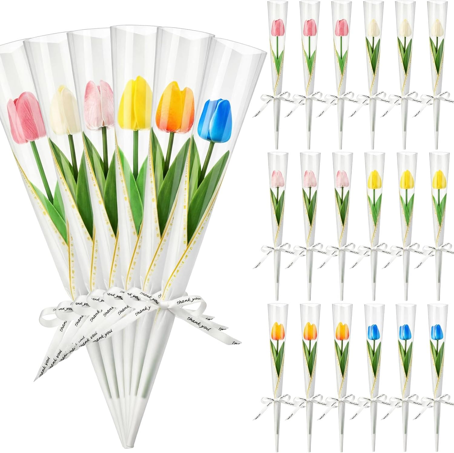 Lyrow 24 Pack Artificial Tulips with Single Flower Sleeves Bulk -13.4" Real to Touch PU Fake Flowers Packaging Wrapping DIY Bouquet Supplies for Mother Women Employee Teacher Gifts School Events