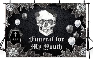 7x5ft Funeral for My Youth Backdrop for 30th 40th Birthday Party Decorations RIP to My Youth Gothic Skull Balloons Black Photography Background Photo Props