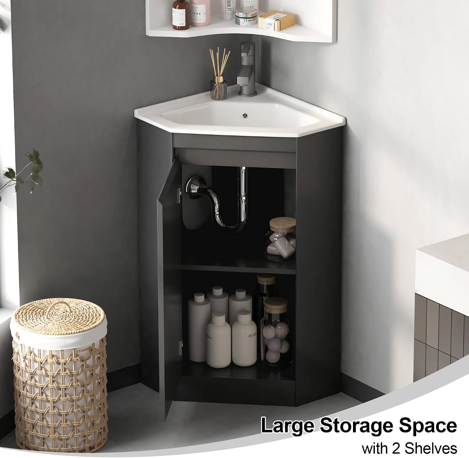 Black 24" Corner Bathroom Vanity with Sink,Small Bathroom Vanity, Ceramic Sink, Freestanding Storage Cabinet, Modern Wall-Mounted Bathroom Vanity for Powder Room,Half Bath (Faucet Not Included)