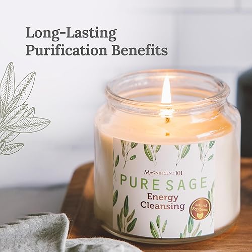 Miniatura 2 de MAGNIFICENT 101 Vela de aromaterapia de limpieza energética de salvia blanca pura, tarro de vidrio de 14.5 onzas con tapa, cera de soja natural y