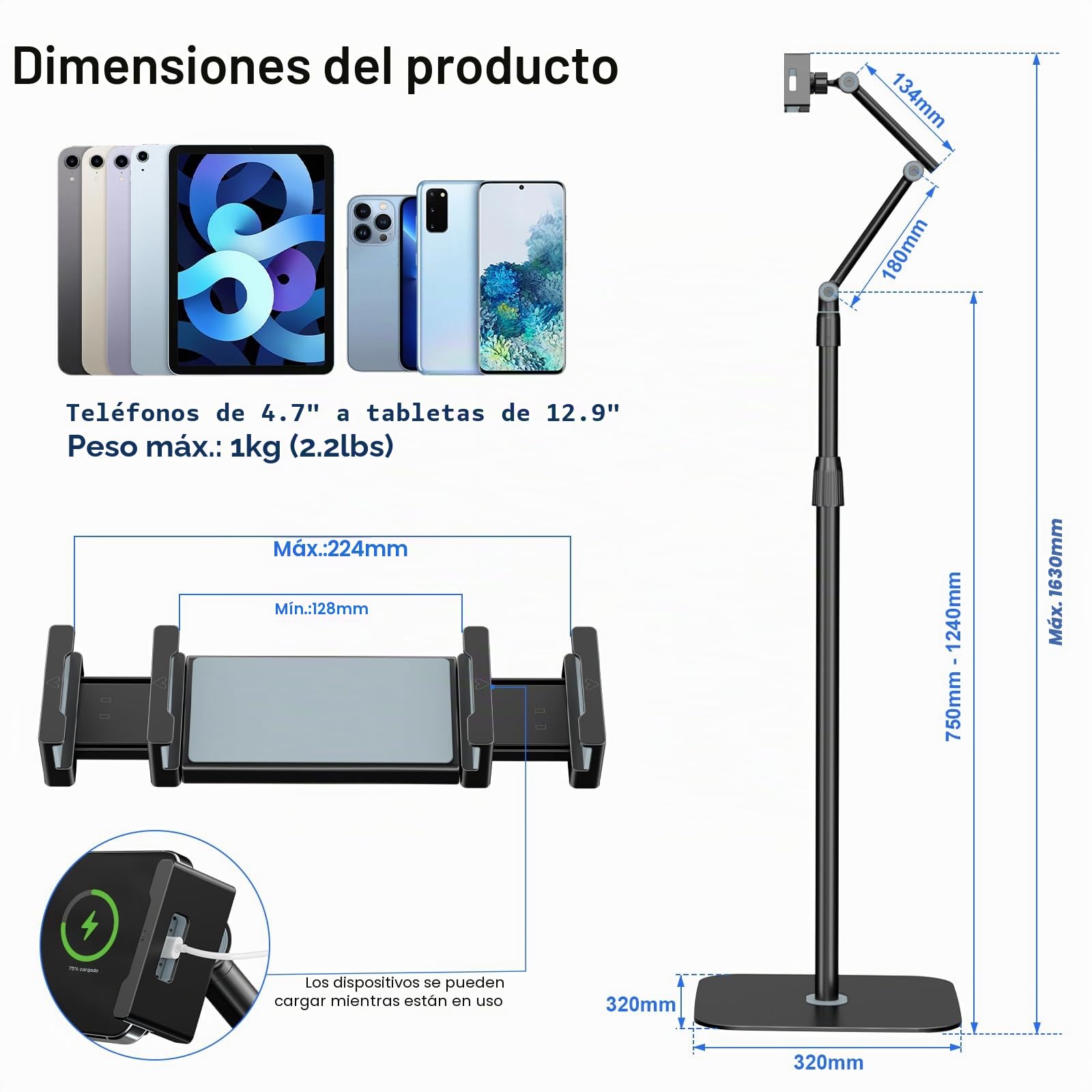 Soporte de suelo para tablet – Soporte universal para tablet con base resistente para teléfono móvil de 4,7 – 12,9 pulgadas, altura ajustable y giratorio 360 grados