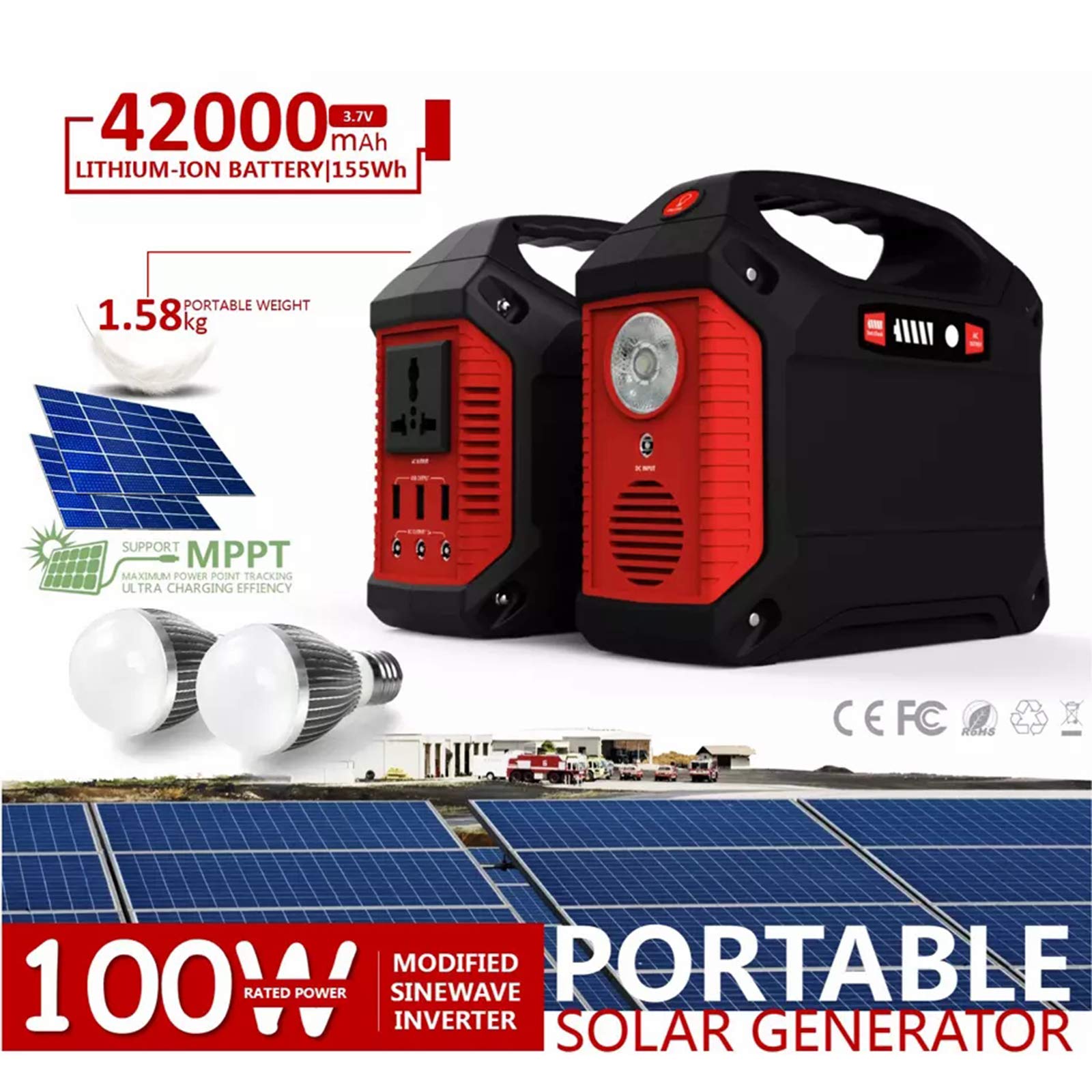 155Wh Generador Solar Portátil 100W Fuente Alimentación Batería Litio Respaldo 42000mAh con Salida AC / 3 DC / 3 USB y Linterna LED para Exteriores Camping Emergencia