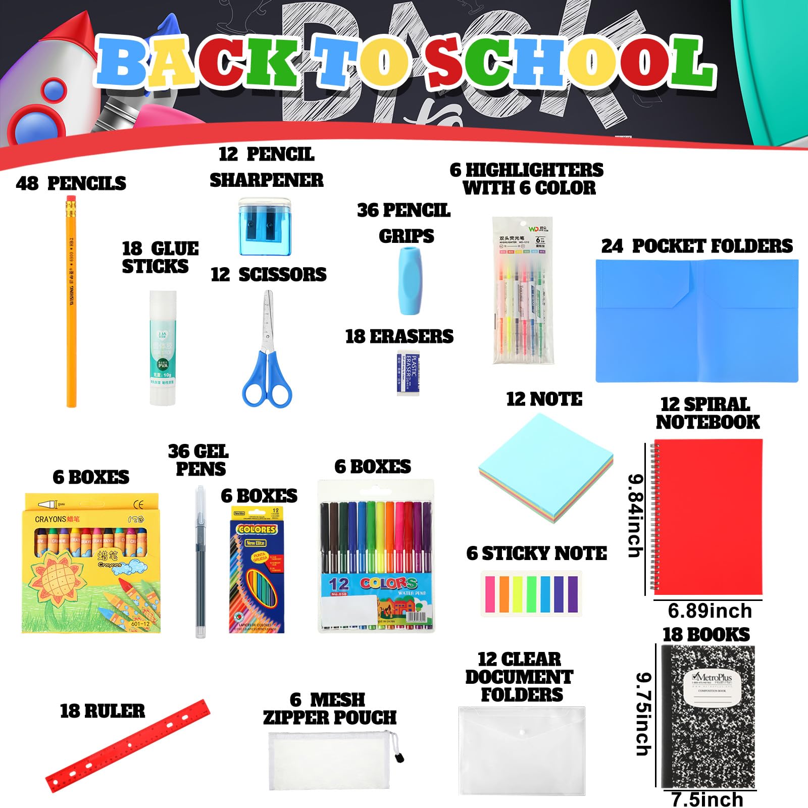 Gilprop 6 set di forniture scolastiche 88 pezzi forniture per il rientro a scuola per studenti forniture essenziali kit pacchetto include matita, quaderno, righello, colla, forbici, note appiccicose