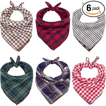 Dog Bandanas - 6PCS Washable Year Green Black Brown Blue Red Dog Bandana Square Plaid Printing Dog Bibs Double Reversible Kerchief Scarf Adjustable Accessories for Small to Large Dog Puppy Cat