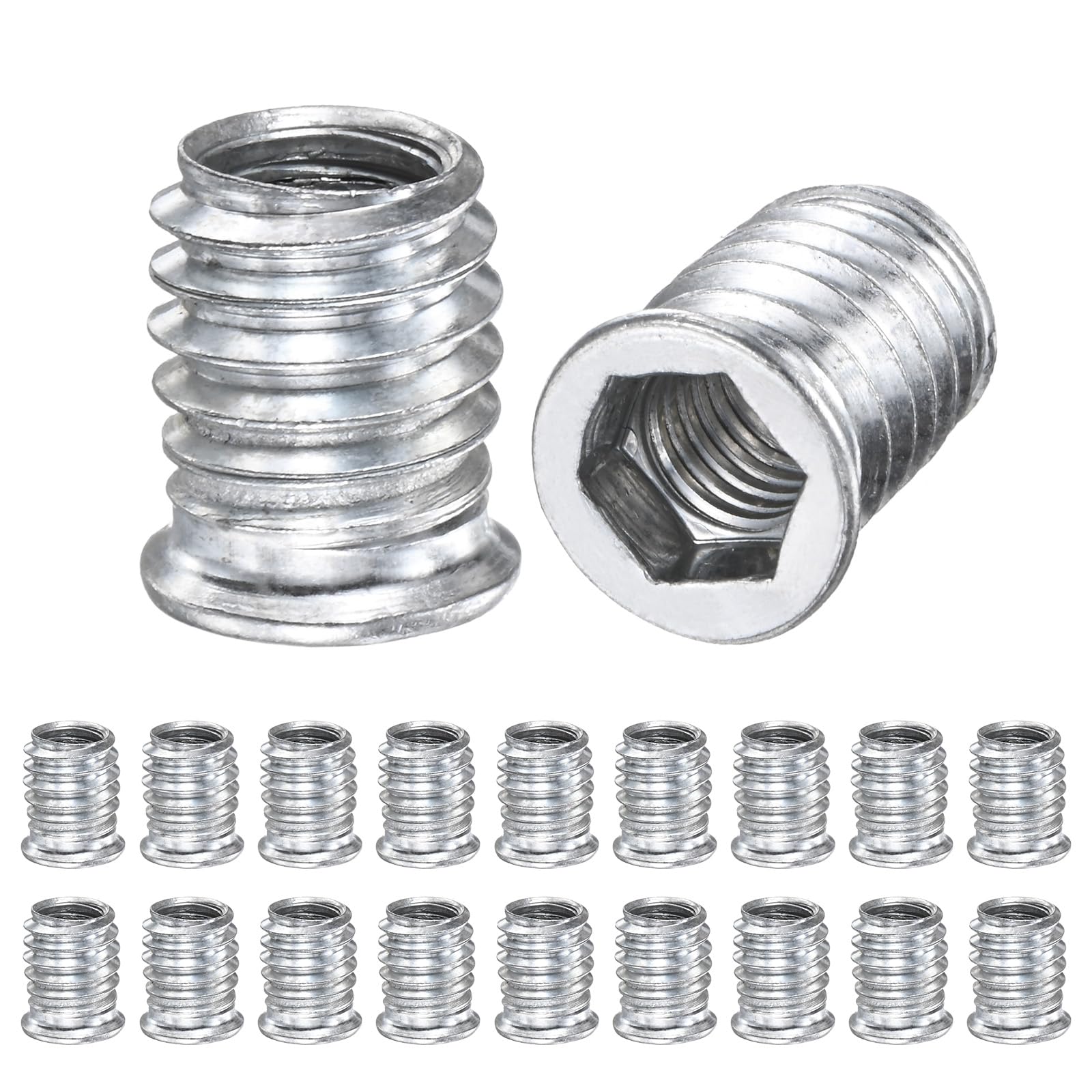M METERXITY 20-Pack Threaded Inserts for Wood, M10x20mm Hex Drive Threaded Insert Nuts for Wood Furniture, Threaded Screw-in Nuts [Silver Tone]