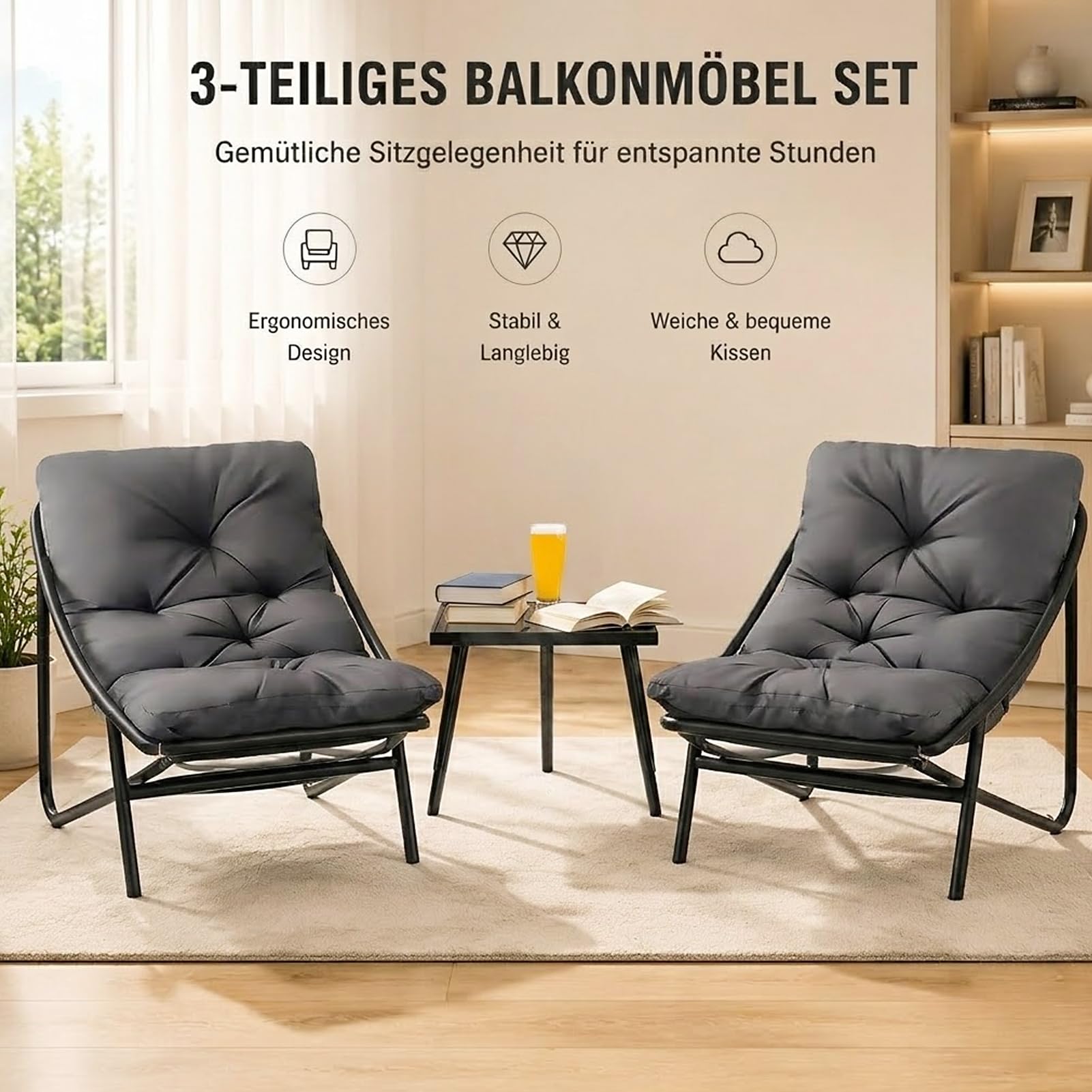 BalkonmöBel Set 3 Teilig, Gartenmöbel Set, Balkonmöbel Kleiner Balkon, Balcony Furniture mit Glastisch & Stahlgestell, Balkon Set 2 Personen, Garden Furniture Sets für Hof, Terrasse, Innen (Grau)