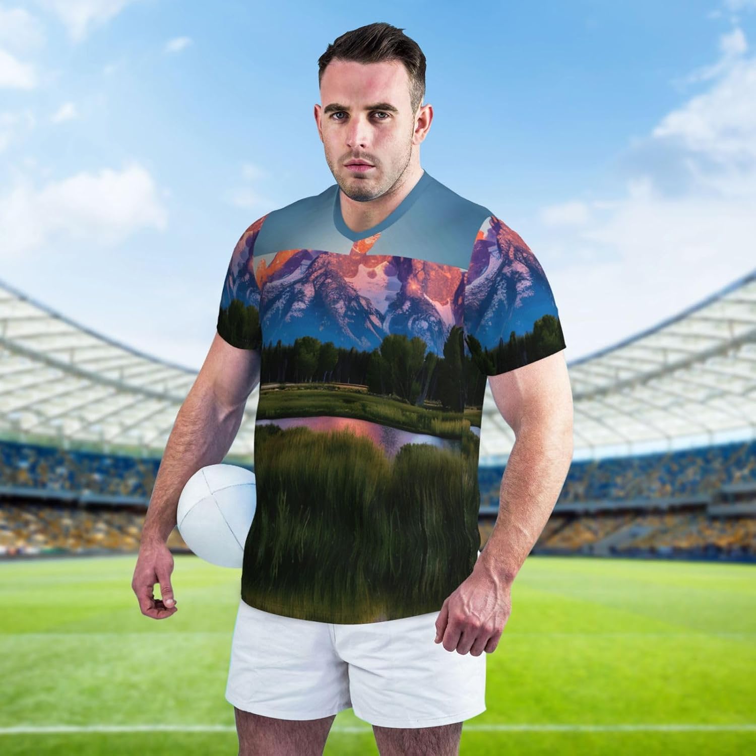 Grand Teton National Park Rugby Football Jersey for Men, Comfortable V-Neck Loose Fit Top for Team Sports Athletics