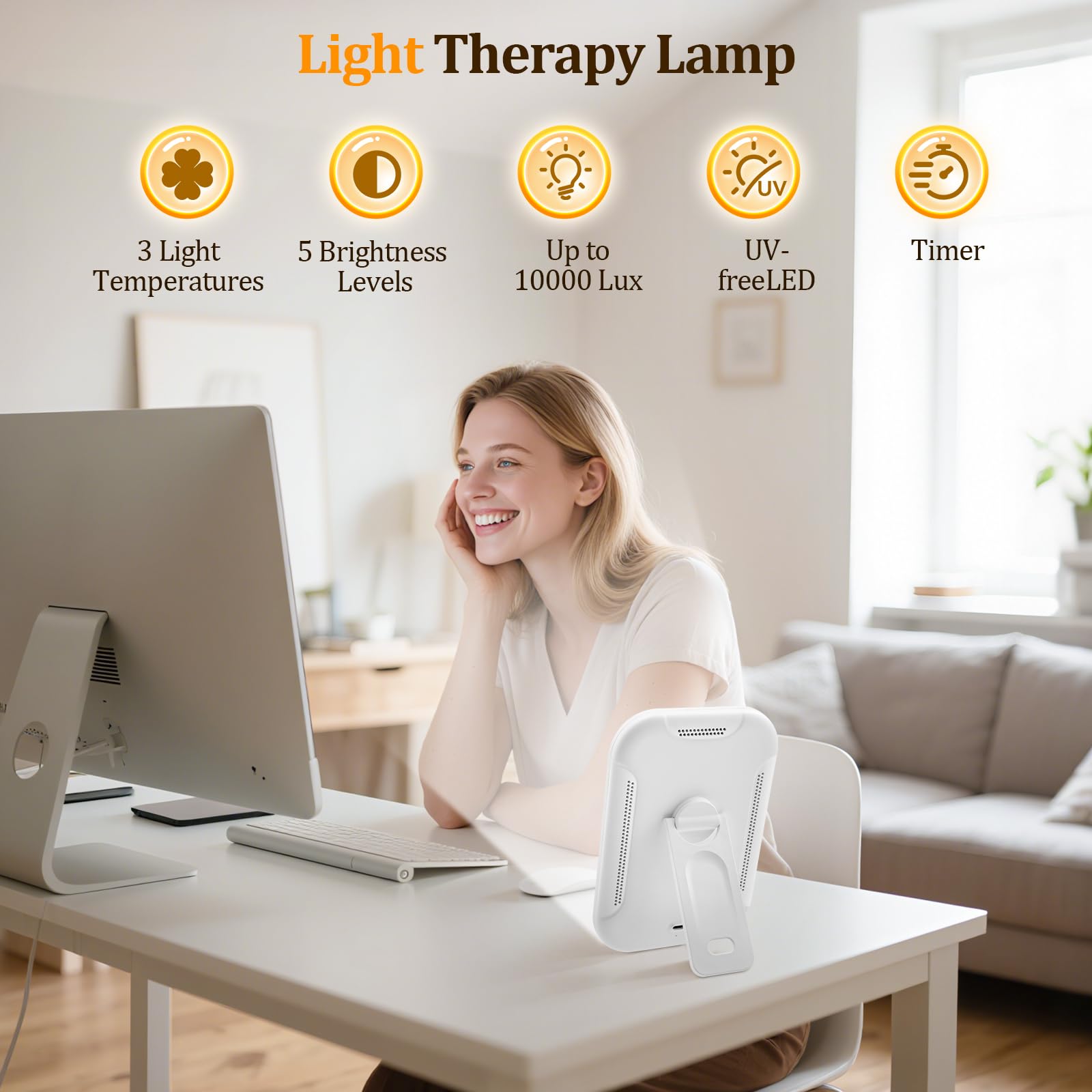 Tageslichtlampe 10000 Lux, LED Lichttherapielampe UV-freie Simulation von Tageslicht, Vollspektrumlampe Sonnenlicht Lampe mit 3 Farbtemperaturen, 5 Helligkeitsstufen, Stufenloses Dimmen, 4 Timer