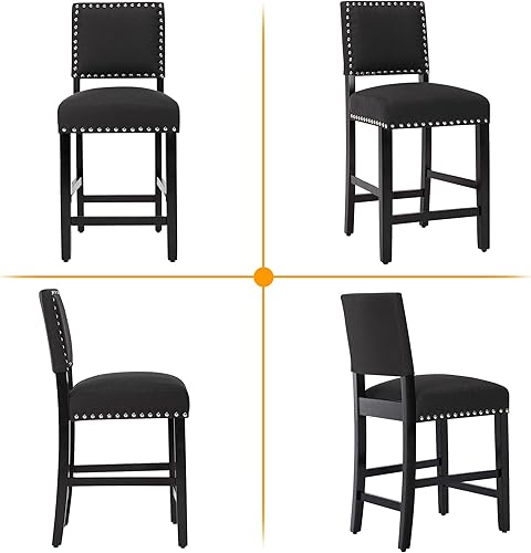 Miniatura 6 de LSSBOUGHT Taburetes de bar tapizados de tela de lino con patas de madera de goma, silla de bar con ribete clavado para isla de cocina (negro, 2