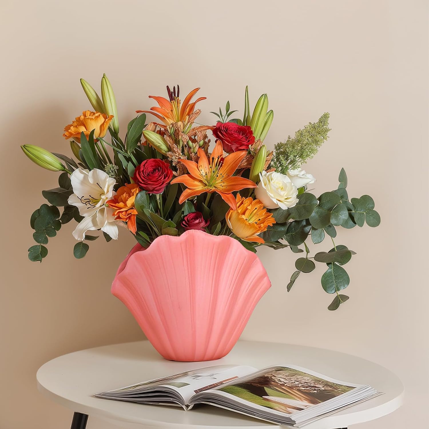 Pink Ceramic Shell Vase Set of 2 - Funky Seashell Planter for Pampas Grass, Cute Coastal Decorative Vases for Bedroom, Shelf, Bathroom, Table Centerpiece, Boho or Aesthetic Home Decor