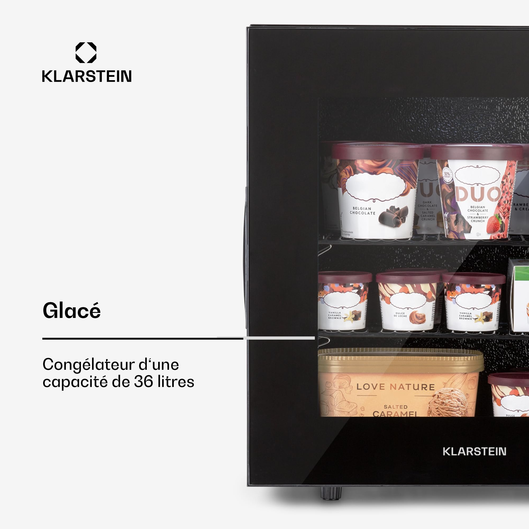 KLARSTEIN IceAge - Congélateur avec façade vitrée, thermostat à 5 niveaux, 0 à -20°C, pieds réglables en hauteur, boîtier en acier, CEE E, 2 clayettes, 36 litres