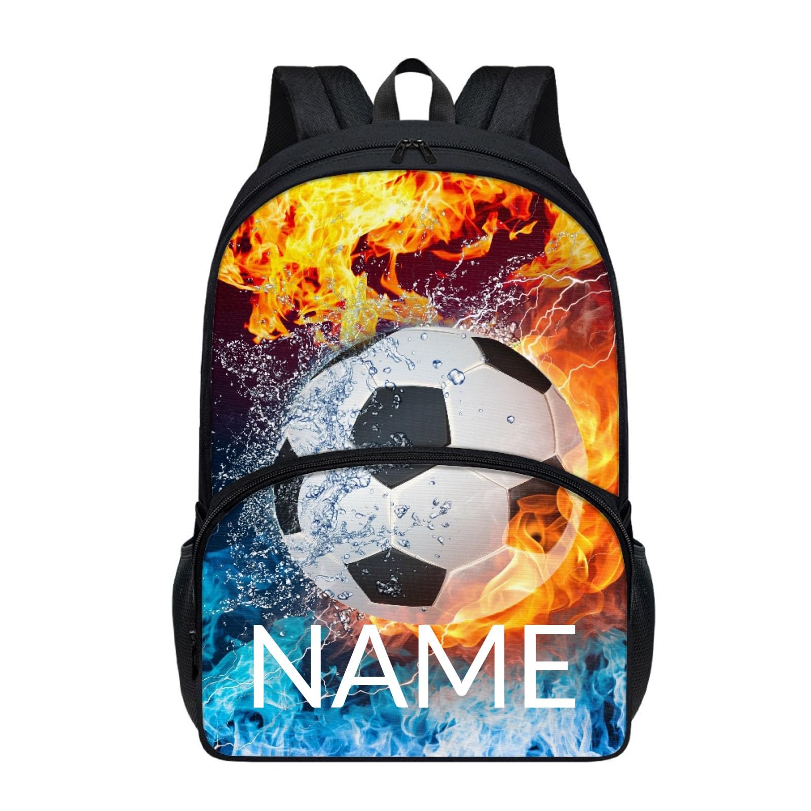 Drydeepin Custom Name Number Blue Orange Fire Football Soccer Ball Print School Backpack for Kids Boys Casual Daypack Middle School Primary School