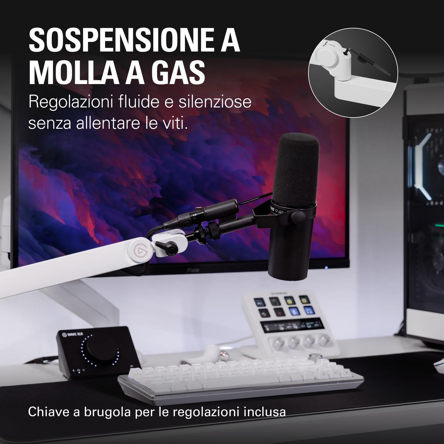 Elgato Wave Mic Arm Pro White - Braccio per Microfono a Profilo Basso Girevole a 360° con Molla a Gas, Compatibile con Microfoni Elgato/Shure SM7B/Rode/Blue Yeti & altri – Per Trasmissione/Podcast